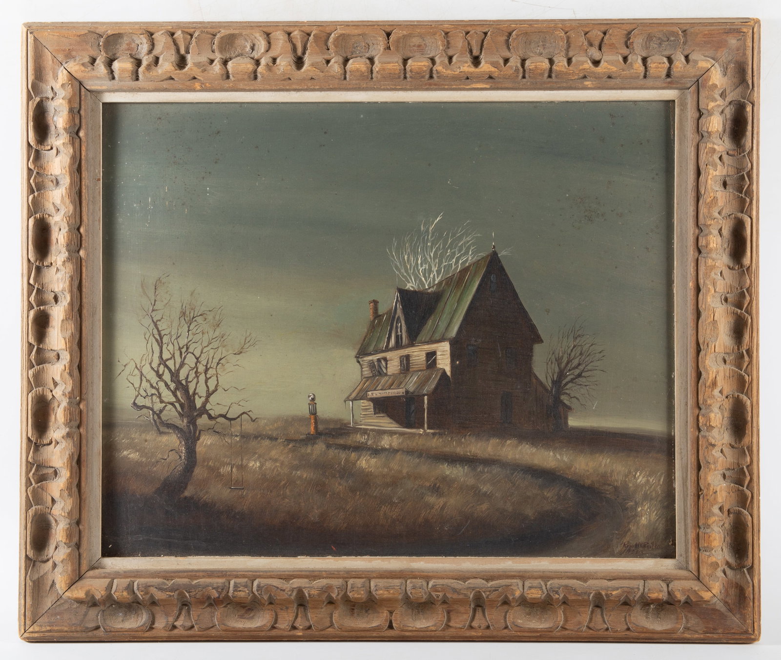 RONALD RIELLO OIL PAINTING: House on top of hill; signed lower right; frame has normal wear; image; 15 1/2" x 20'; frame: 21" x 25 1/2", VG-EX