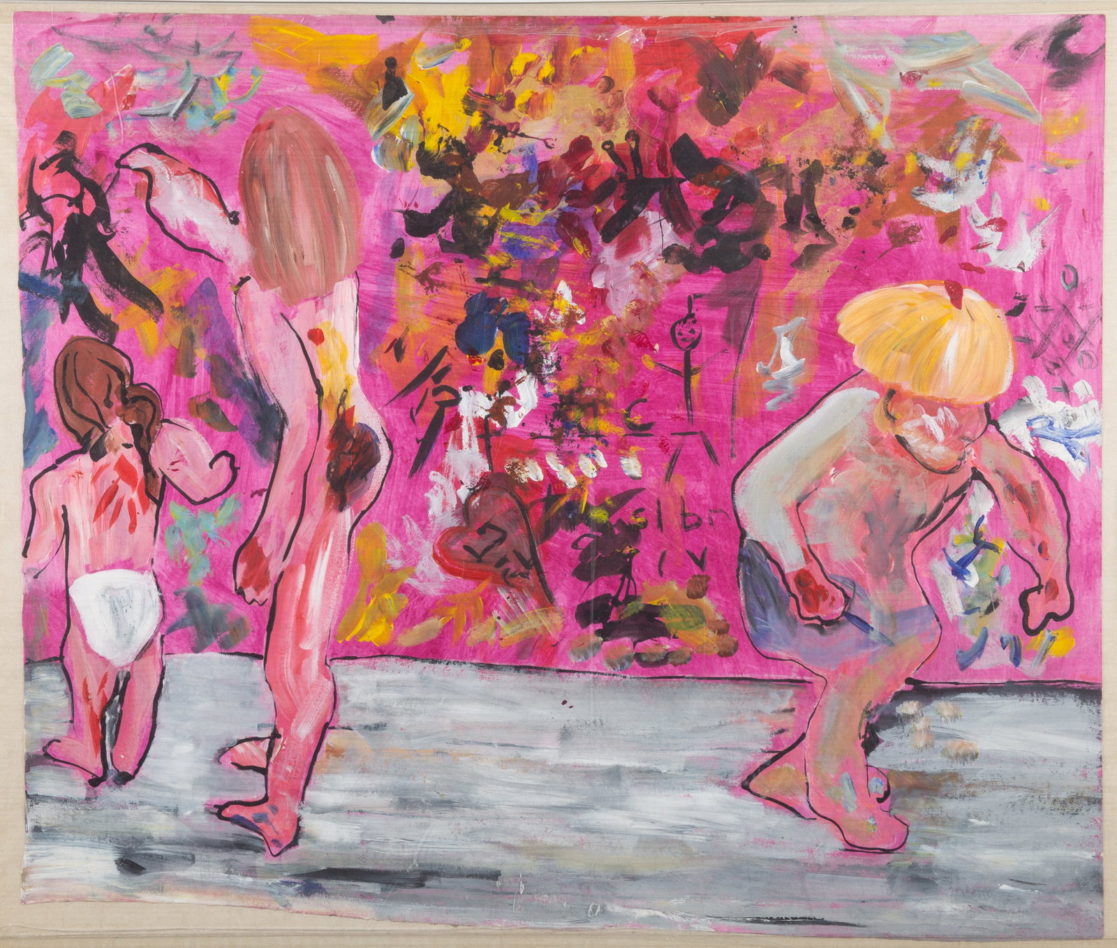 ABSTRACT PAINTING IN PINK: Unknown artist; image of children painting; 21" x 25", VG-EX
