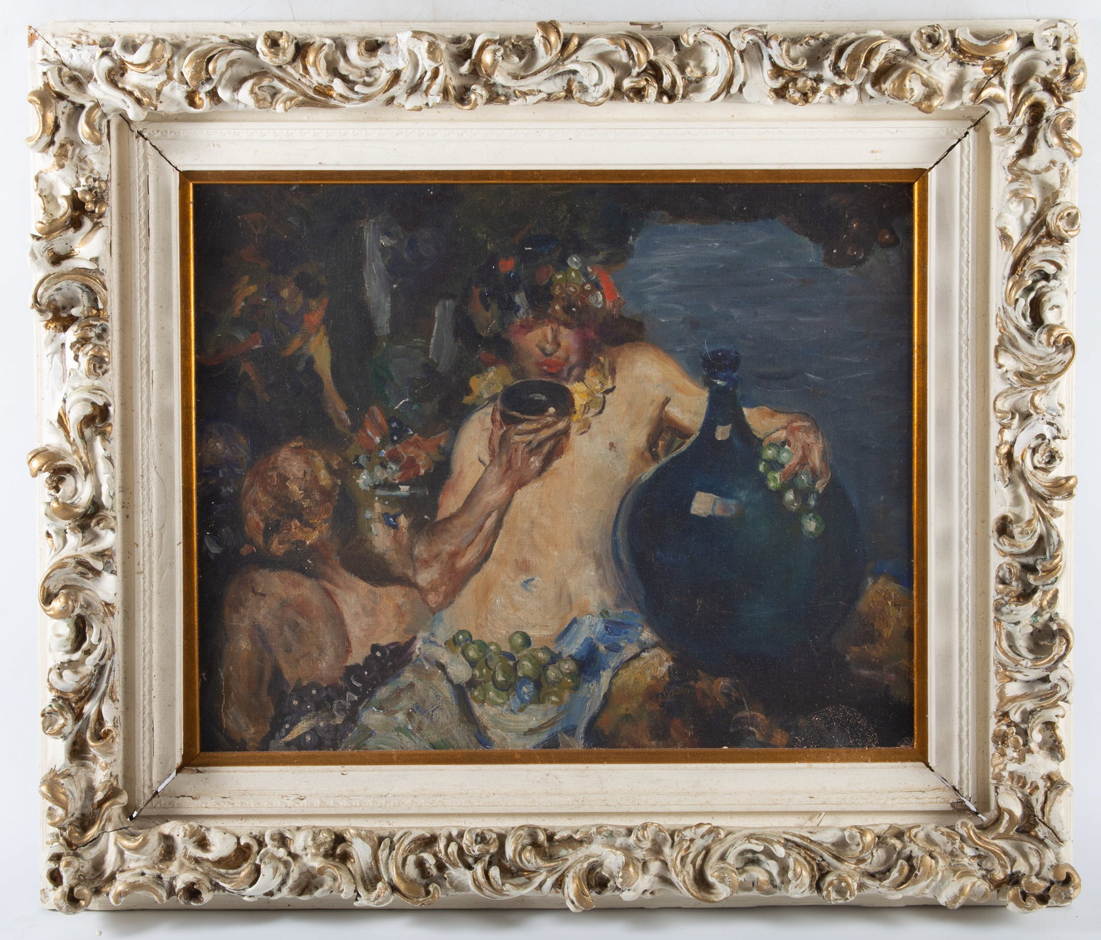 BACCHUS OIL PAINTING: Image 15"x19" - frame 23"x27"; minor scratches; frame normal wear with corner loss, VG