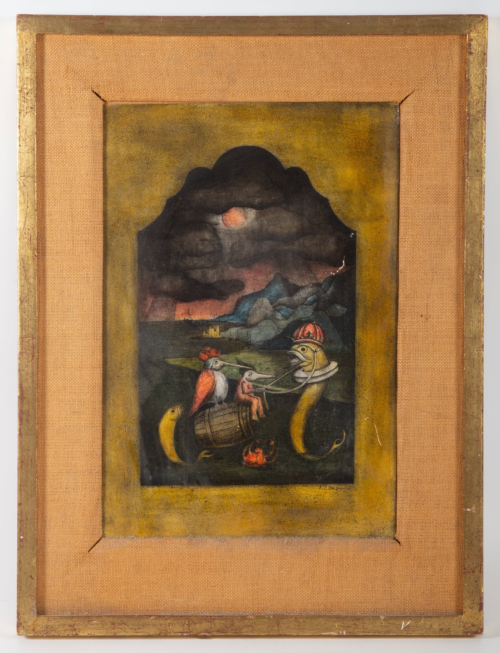 ANITA BUCHERER-GODEFFROY PAINTING: Fanciful fish and sea life painting; image 16"x10" - frame 12"x22"; small abrasion; minor scratches in frame; normal wear, VG-EX