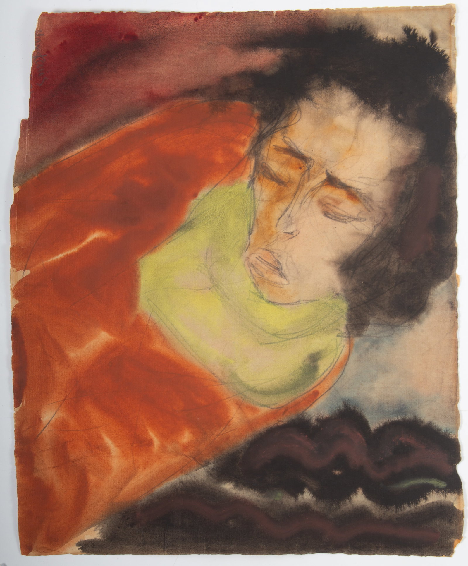 MAX KAUS EXPRESSIONIST WATERCOLOR: Signed lower left; left corner loss close to signature; 17"x13", F-G