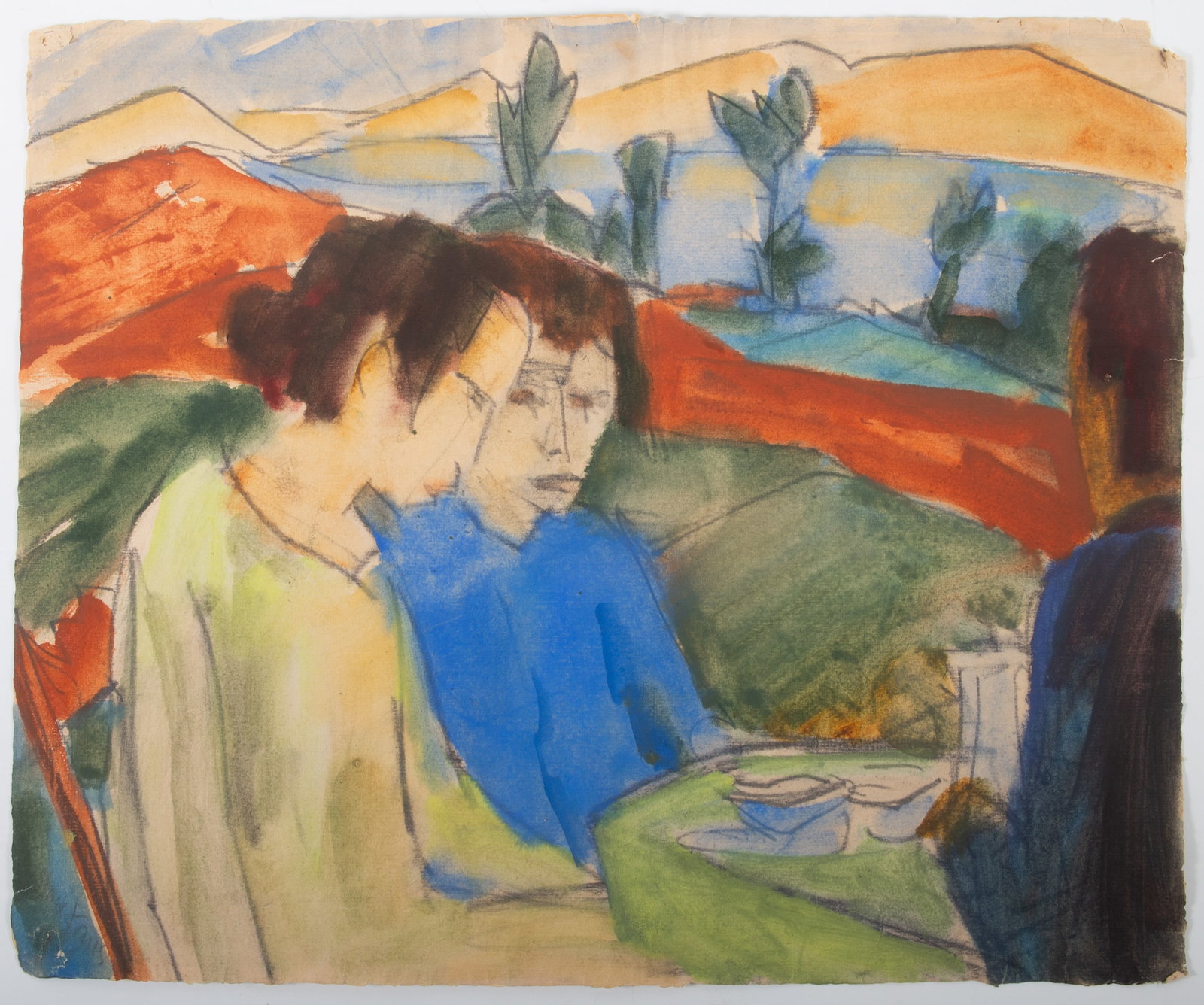 MAX KAUS WATERCOLOR: (2) women; signed lower left; W-18"xH-15"; minor corner damage, G