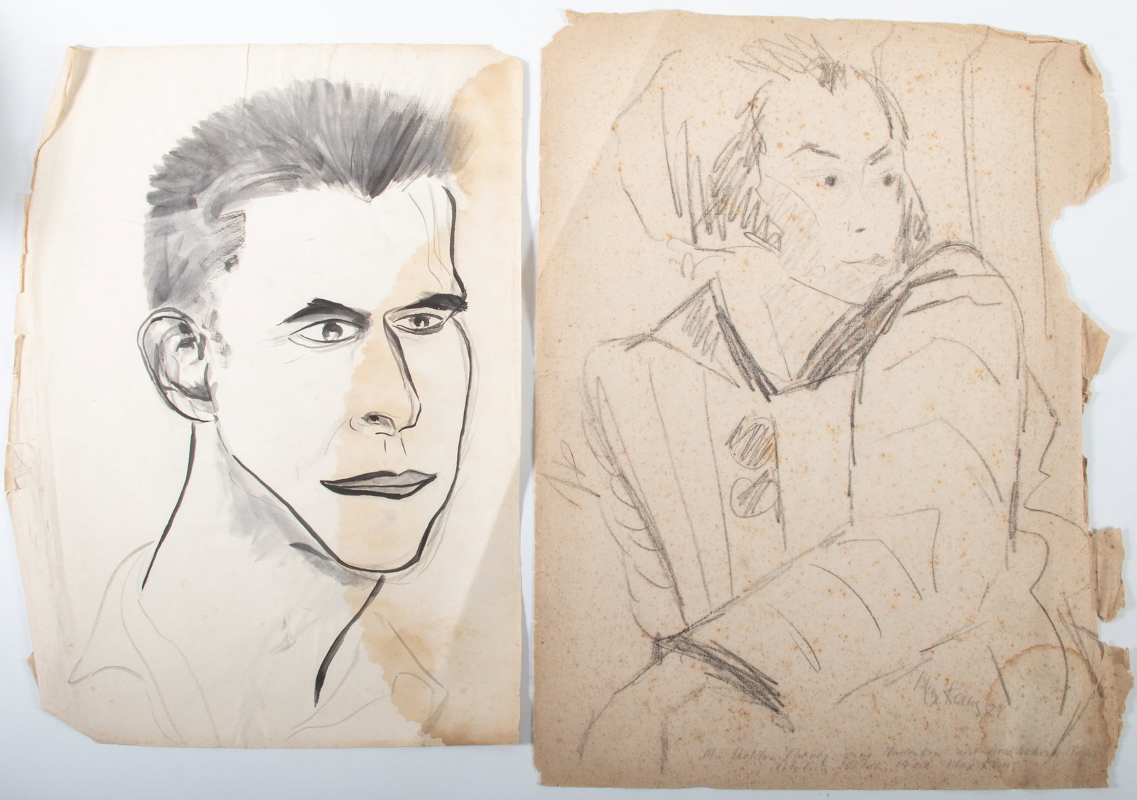 (9) MAX KAUS PRINTS/DRAWINGS: 17"x23"; serious stains, tears and losses, P-F