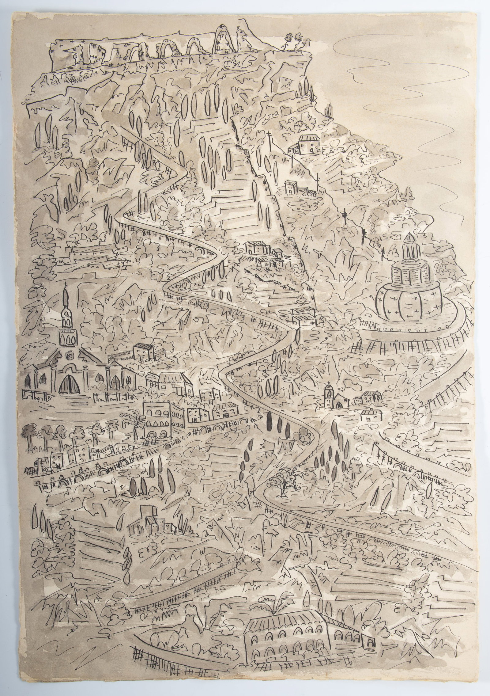 BUSY PEN AND INK WITH WASH DRAWING: Cryptic signature at top; 20"x14"; normal wear, EX