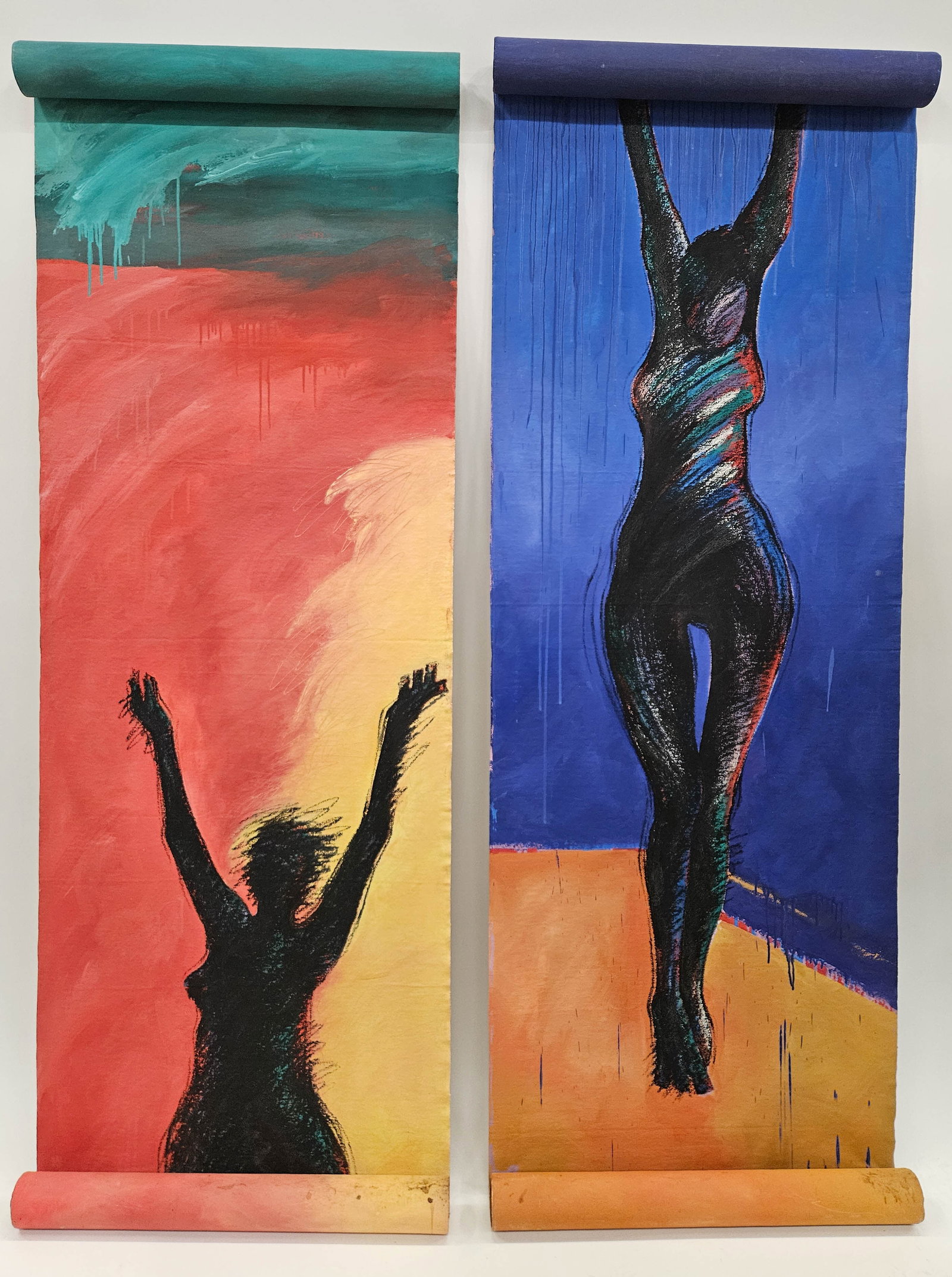 (2) DEIRDRE SAUNDER PAINTINGS: Struggle Studies; oil on canvas; both 78"x29", G-EX