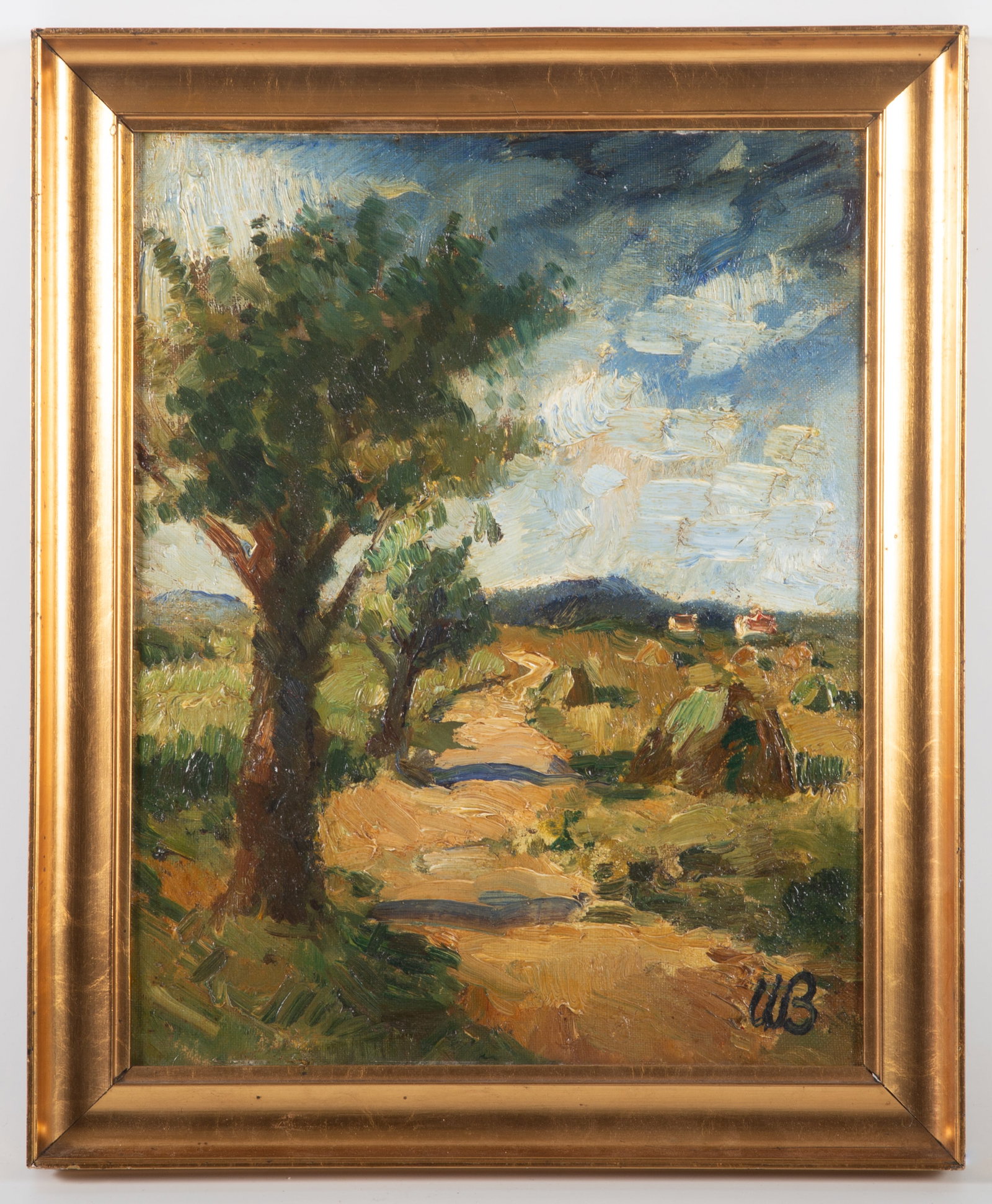 POST IMPRESSIONIST OIL PAINTING: Palette knife; thickly painted; oil on artist board; initialed "UB" lower right; 15"x12.5" framed; normal wear, VG-EX