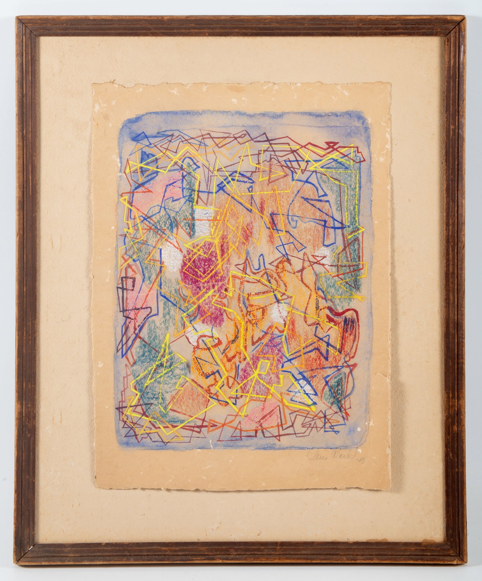 1948 ABSTRACT PAINTING: Watercolor and tempera; signed Clark(?); miscellaneous losses, tears, partially glued to back; image 11"x14.5", F