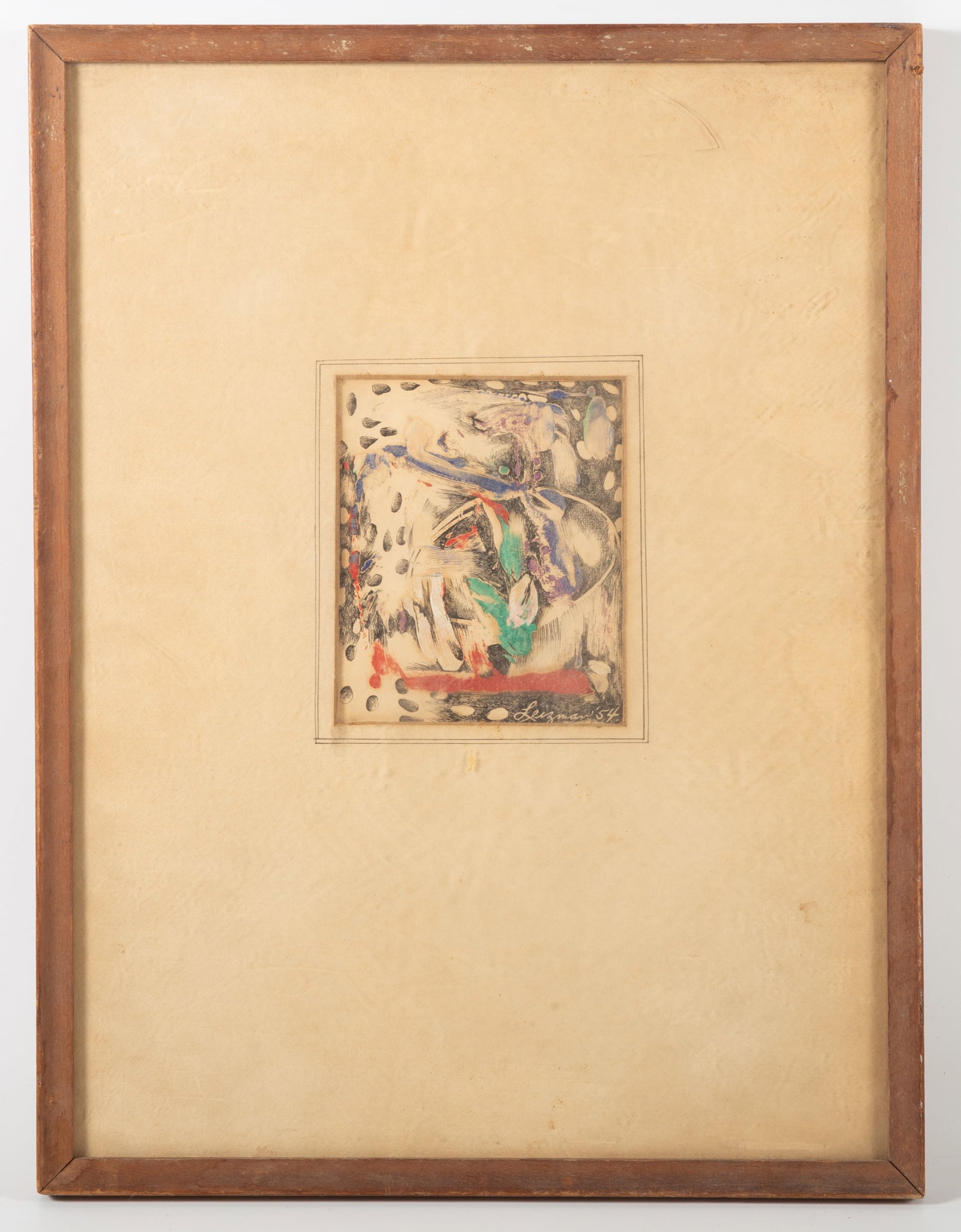 1934 LEIZMAN MIXED MEDIA PICTURE: Gouache watercolor over lithograph; 4.5"x5"