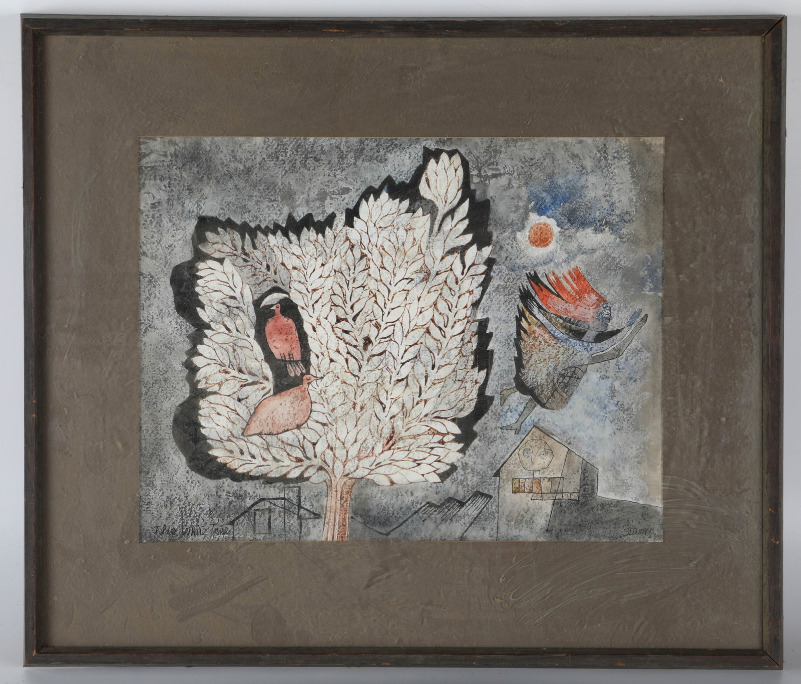 STURM WATERCOLOR: "The White Tree"; watercolor/gouache; postmodern; fanciful; 13"x16.5"; normal wear, G-VG