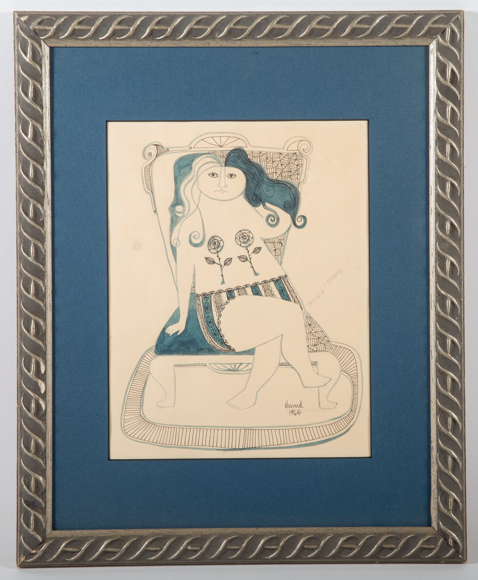 1964 WATERCOLOR: Abstract of woman seated on chair; signed lower right; smudge center right - minor discoloration; 7.25"x9.5", G-VG
