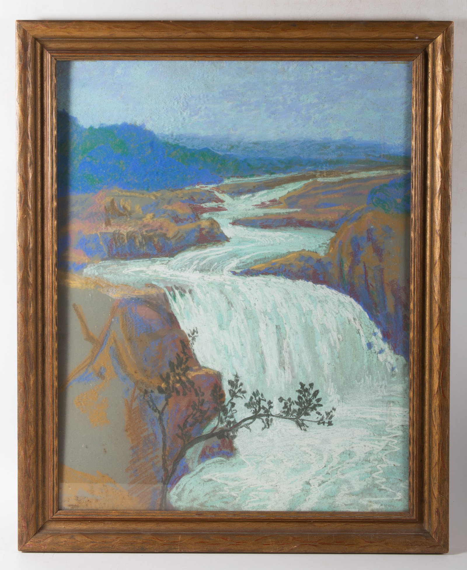 WATERFALLS PASTEL: Monogrammed A.M.G.; image 23"x18" - frame 27.5"x22"; normal aging, G