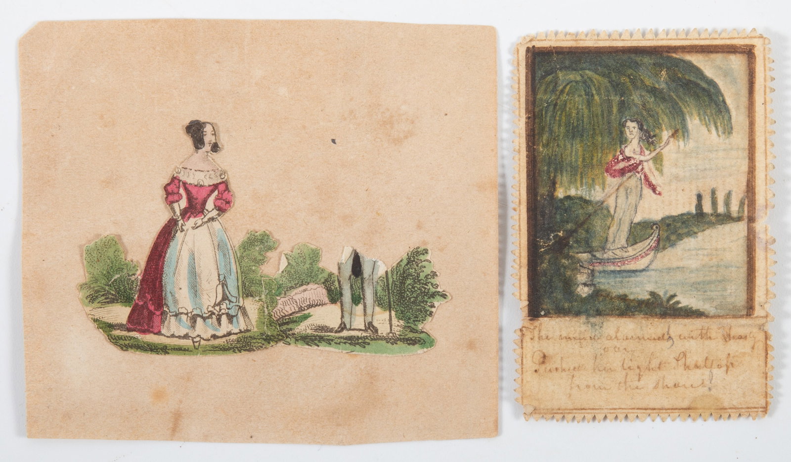 (2) MINIATURE SOUTHERN WATERCOLORS: Map of The Keys on back; largest 2.25"x2.75"; miscellaneous signs of age, VG