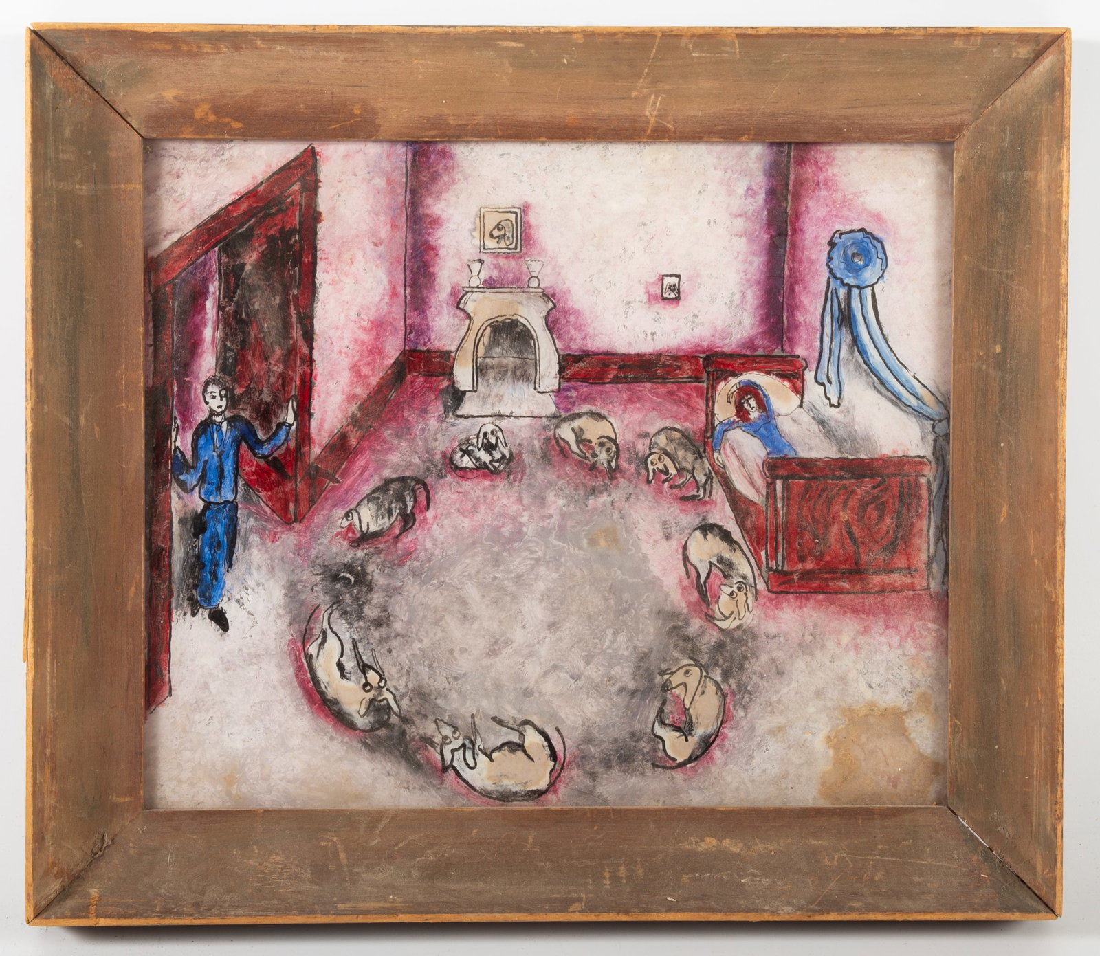 THURBER-STYLE PAINTING ON GLASS: Dogs in a circle; stain on lower right; 12.5"x14"