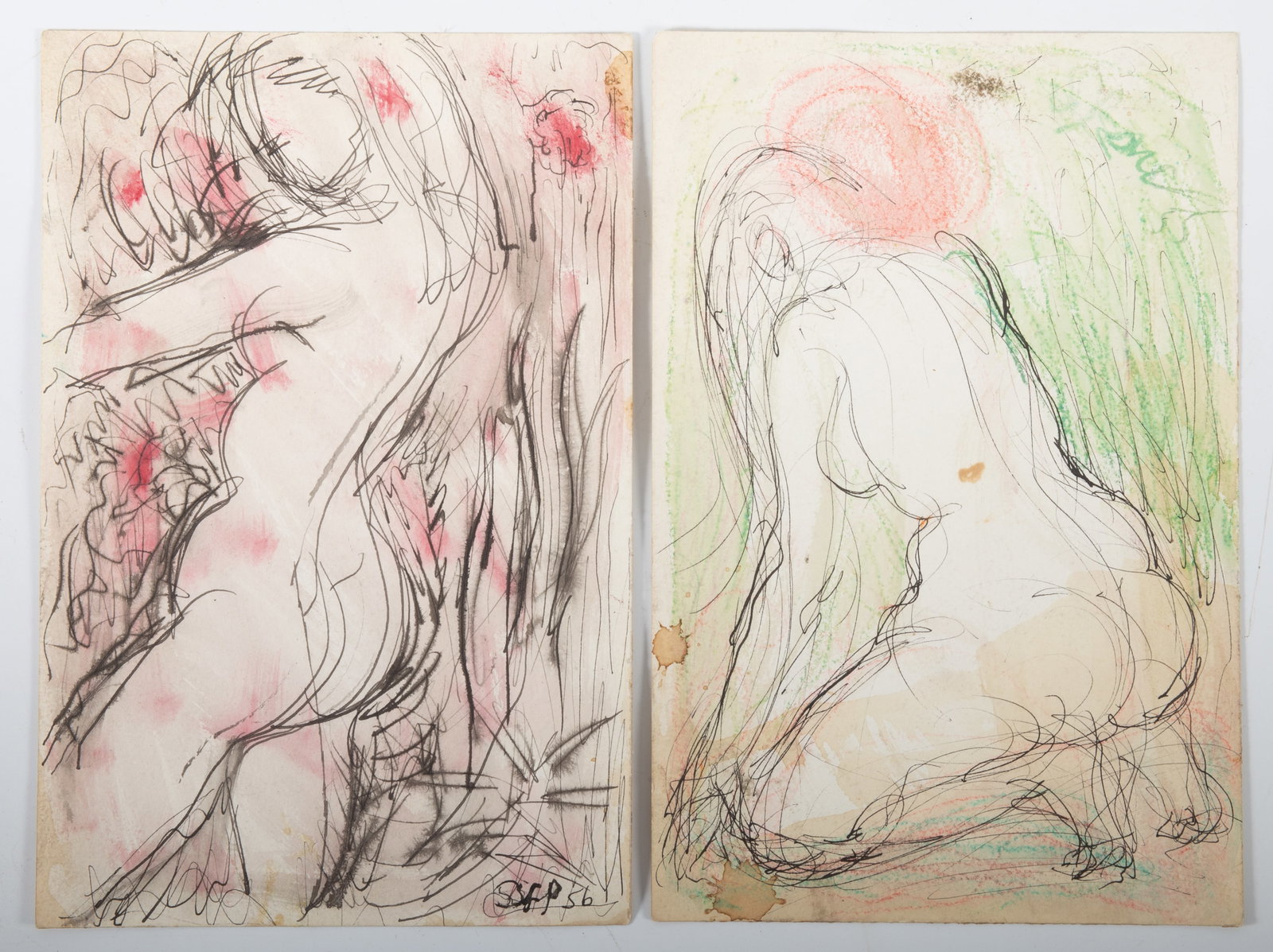 (2) NUDE SKETCHES: 1950's; monogrammed; pen and ink with washes; (1) sketch has a couple of water stains; 8.5"x6", G-VG