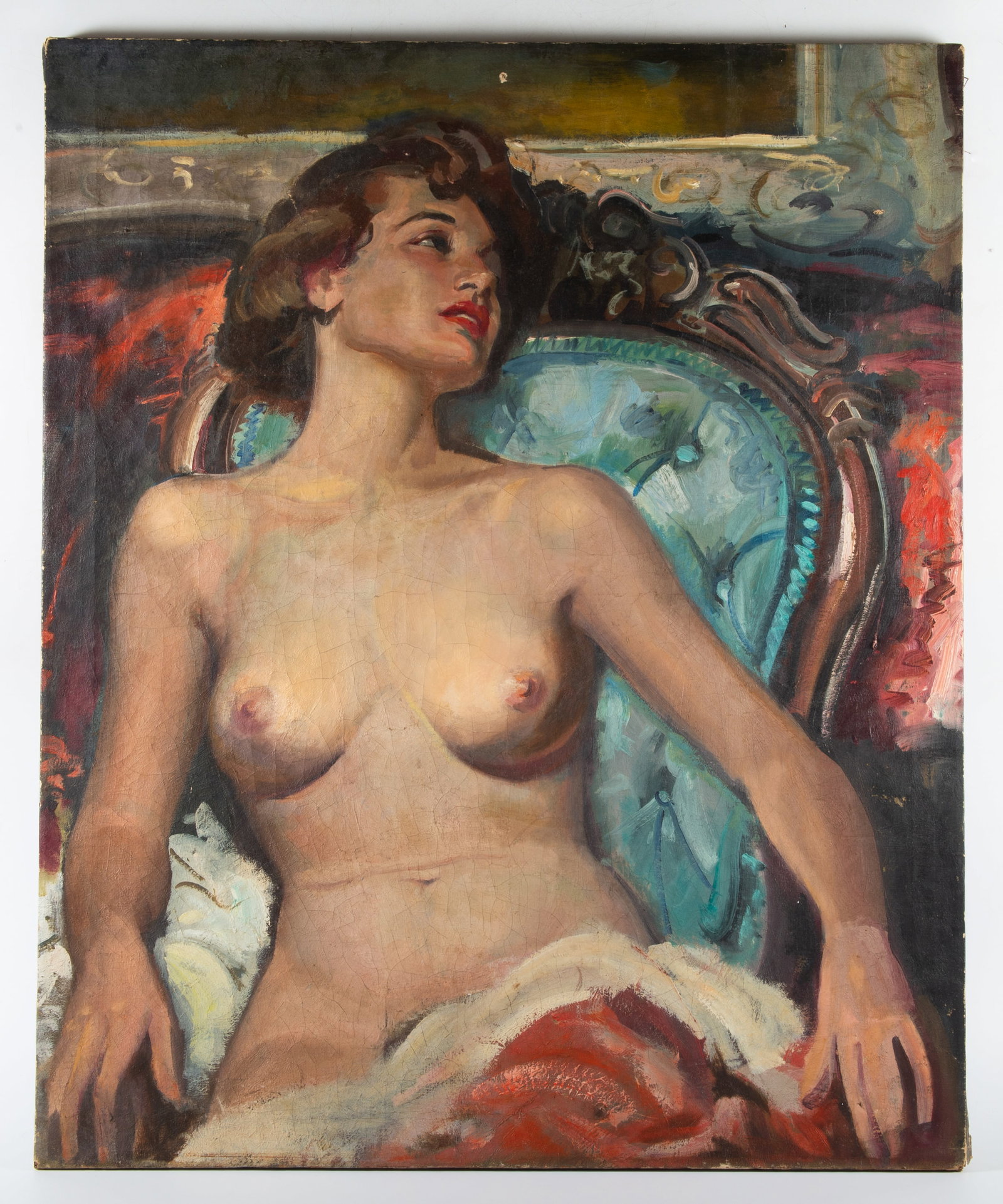 RECLINING NUDE OIL PAINTING: 34"x28"; original condition, EX