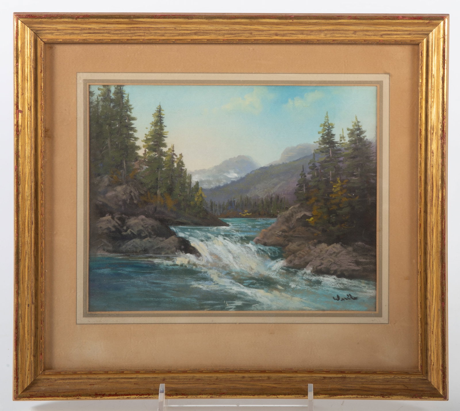 WATERCOLOR WITH GOUACHE: Whitewater river and mountains painting; signed and heightened with gouache; frame: 12.5"x 14", EX