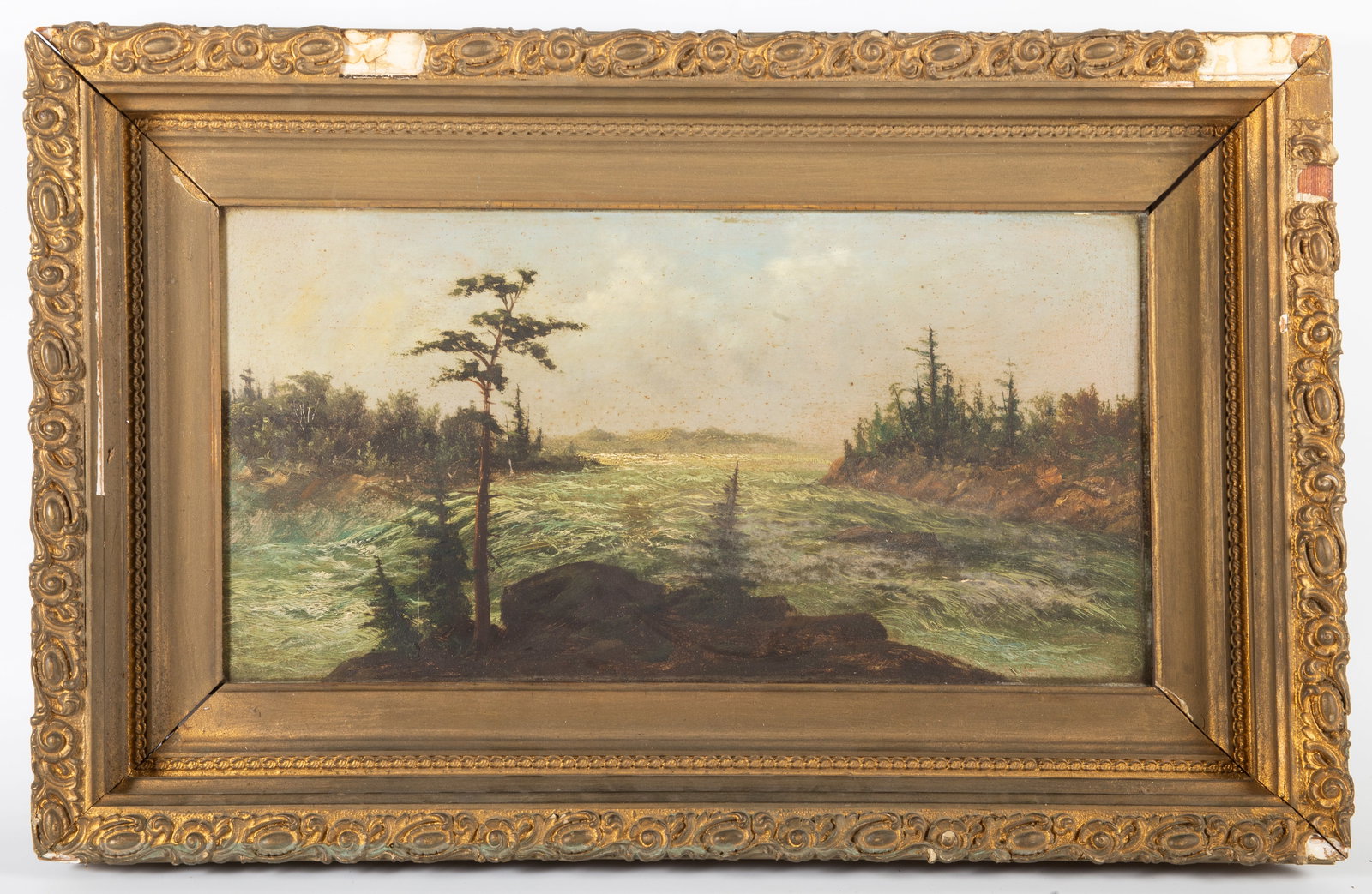 OIL ON BOARD PAINTING: Water riverscape; frame distress and surface spotting; image 9.5"x18" - frame 16"x25", G-VG