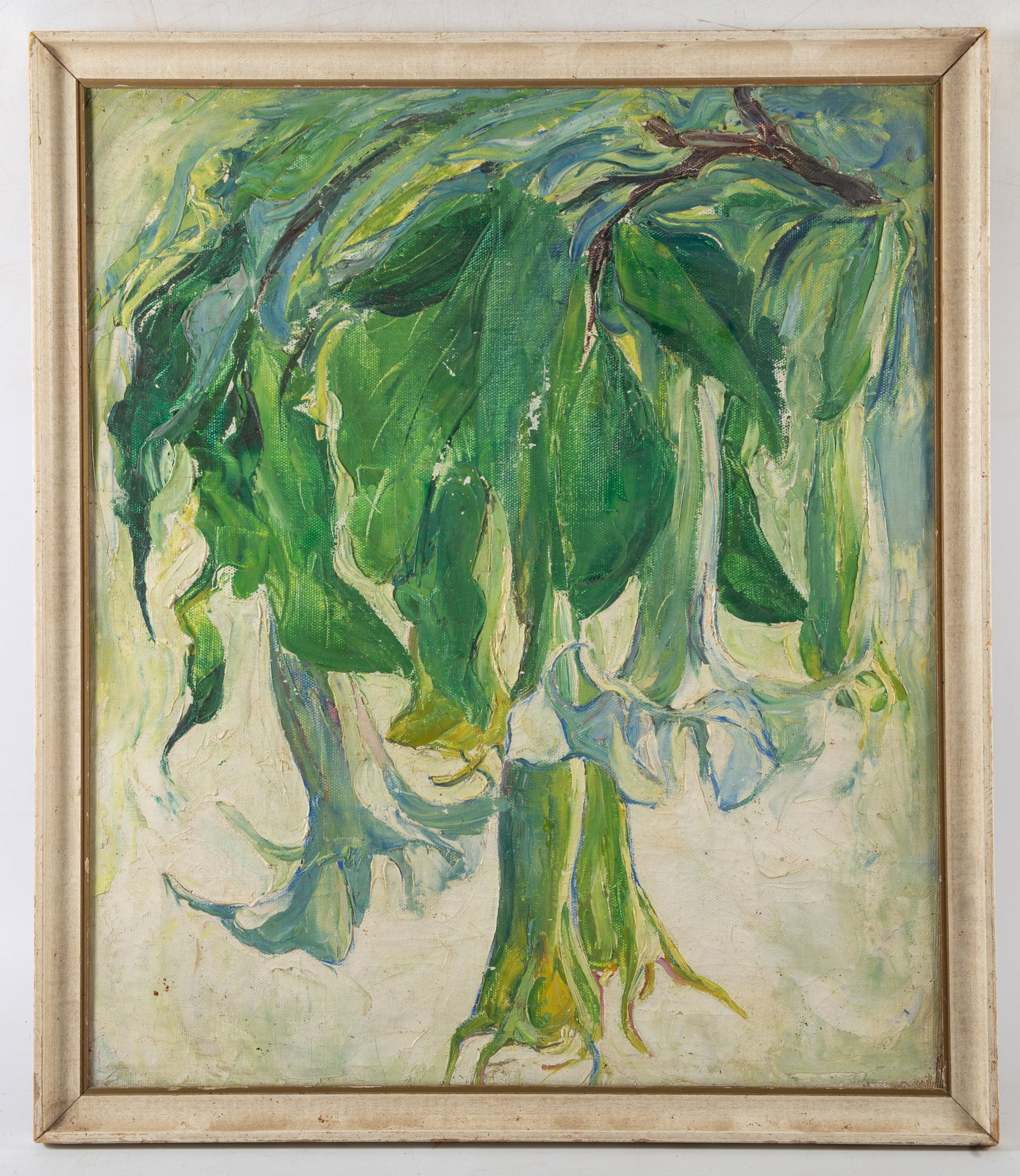 GRACE TURNBULL OIL PAINTING: Angel's Trumpets; provenance: John's Antiques; image 19.5"x16.5" - frame 21.5"x 18.5"