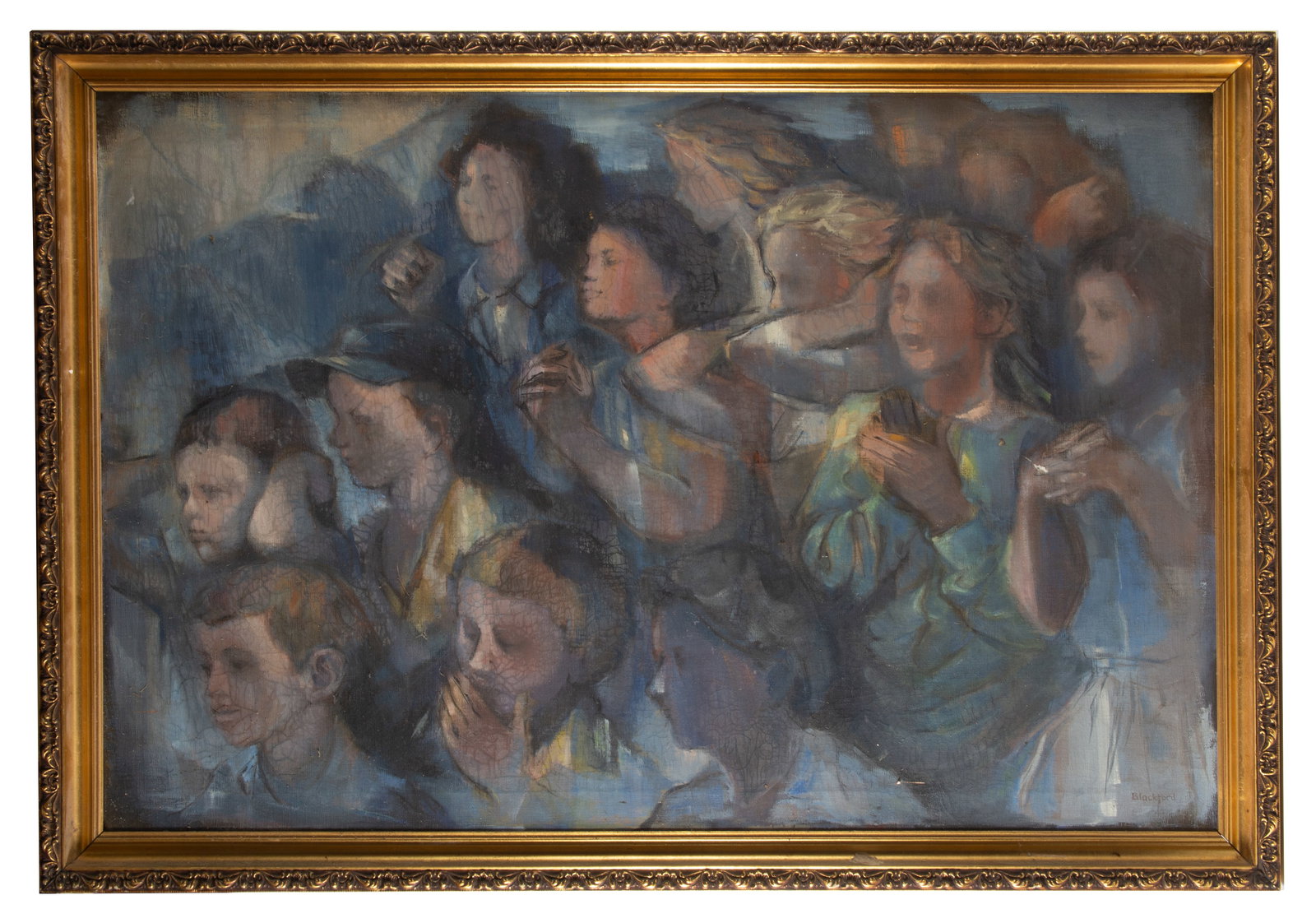 OIL PAINTING: Children at concert; signed Blackford; image 27.5"x 42" - frame 31.5"x 45.5"; minor losses, G-VG