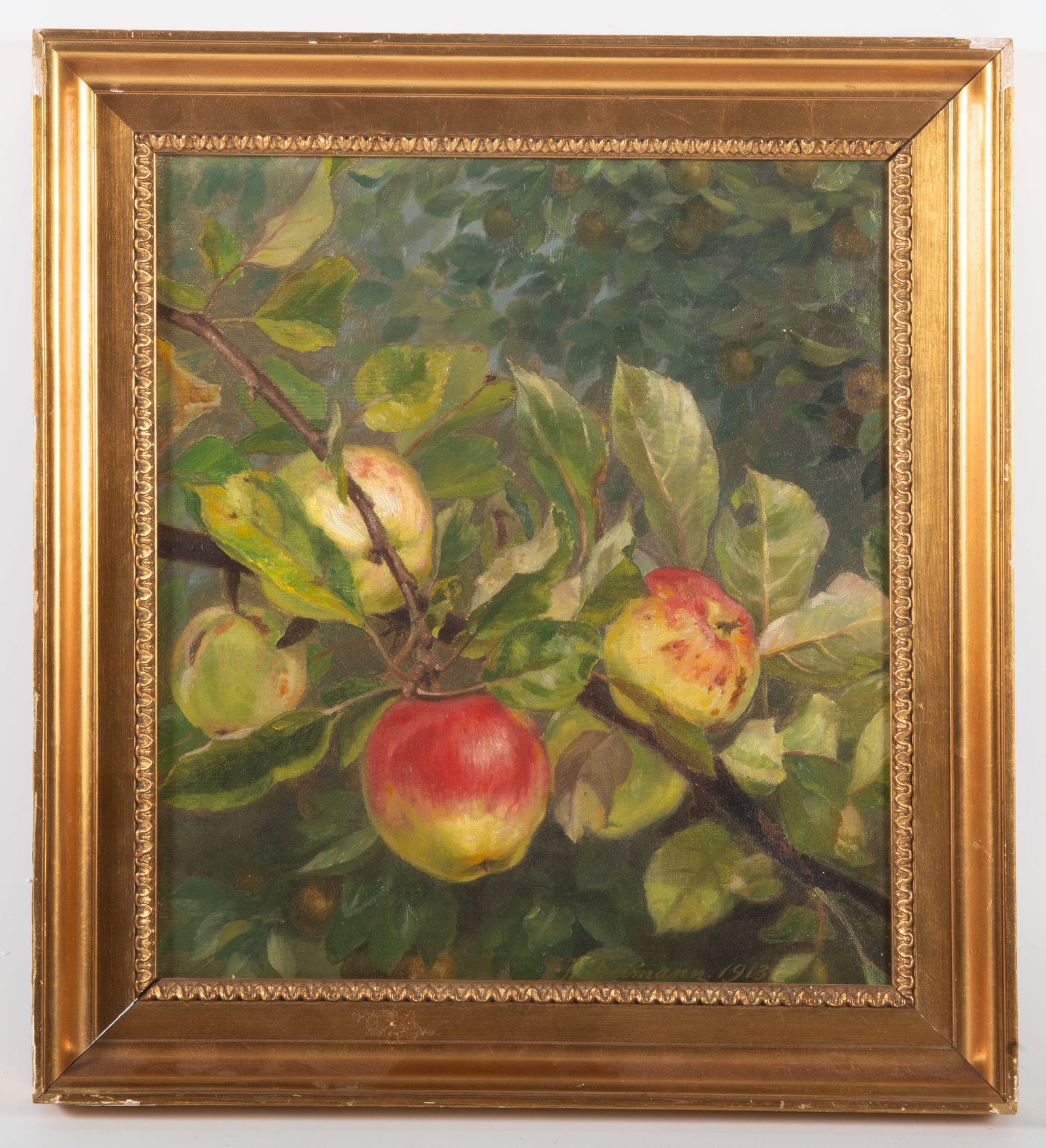 SIGNED OIL PAINTING: 1913; apples on branch; signed LH Freimann; 14" x 16"; minor frame damage, G