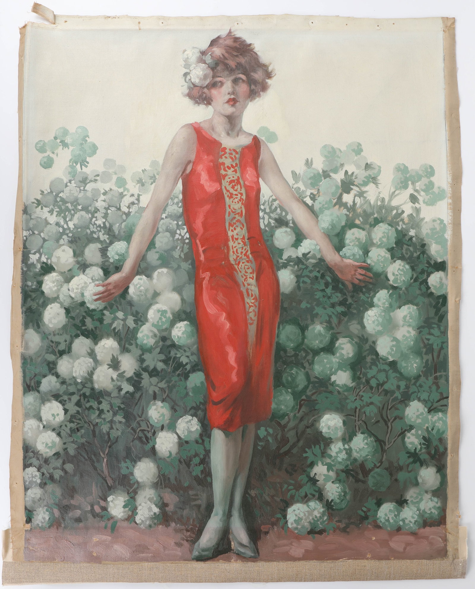 1920's OIL PAINTING: Young Beauty; woman in red dress; 27"x 23.5"; lateral crease along bottom; miscellaneous minor signs of handling; unstretched, G