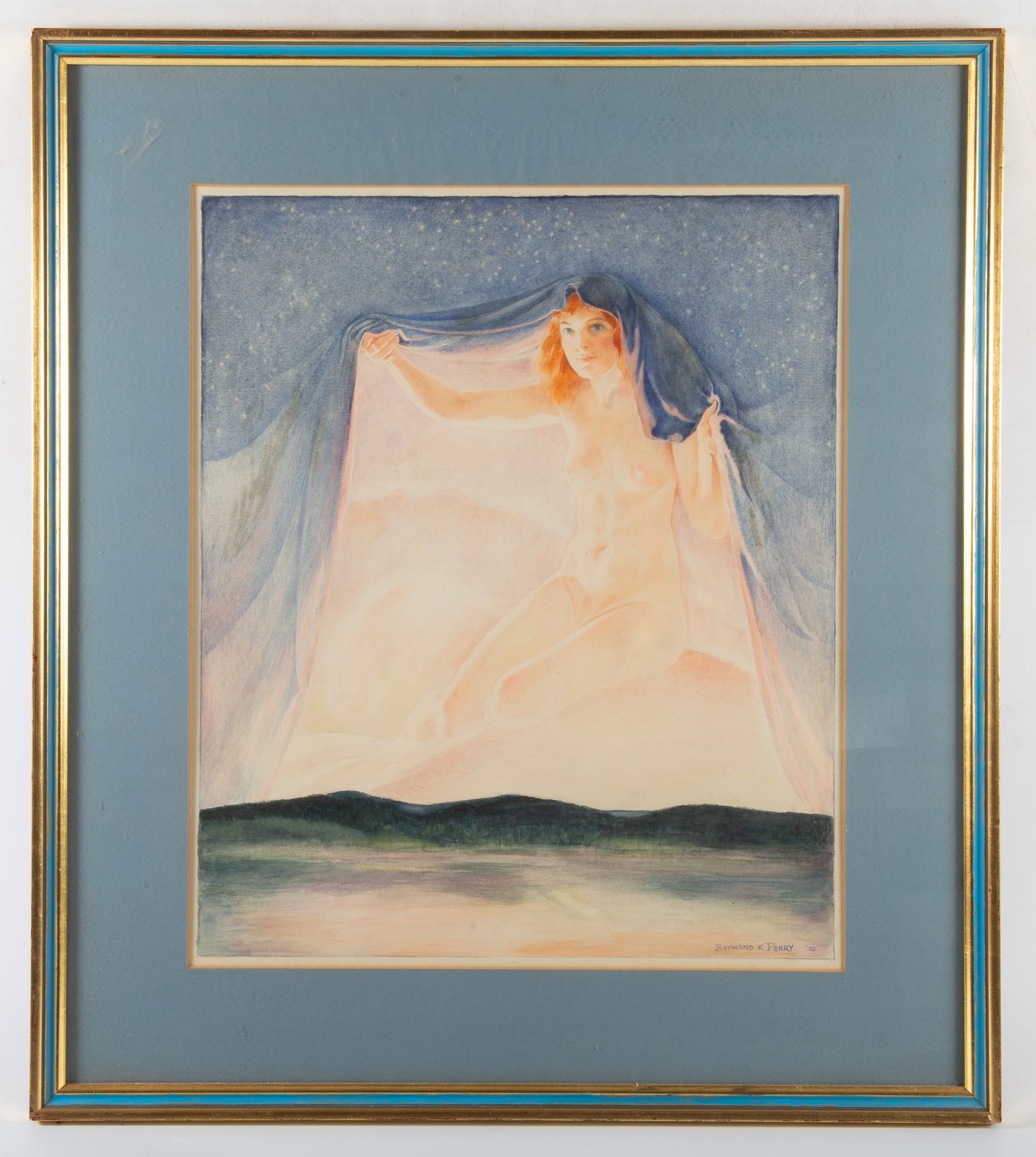 1930 RAYMOND K. PERRY NUDE WATERCOLOR: "The Dream"; 25" x 22.5"; normal wear, EX