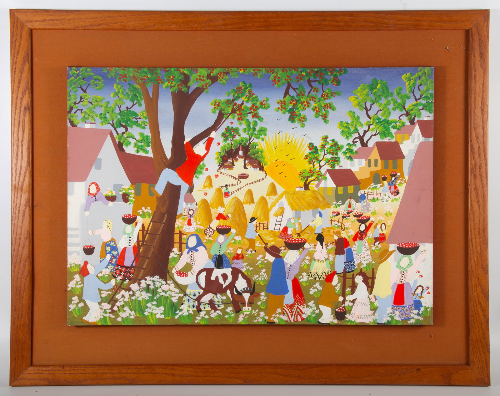FOLK PAINTING: Image 19"x28" - frame 28"x36", EX