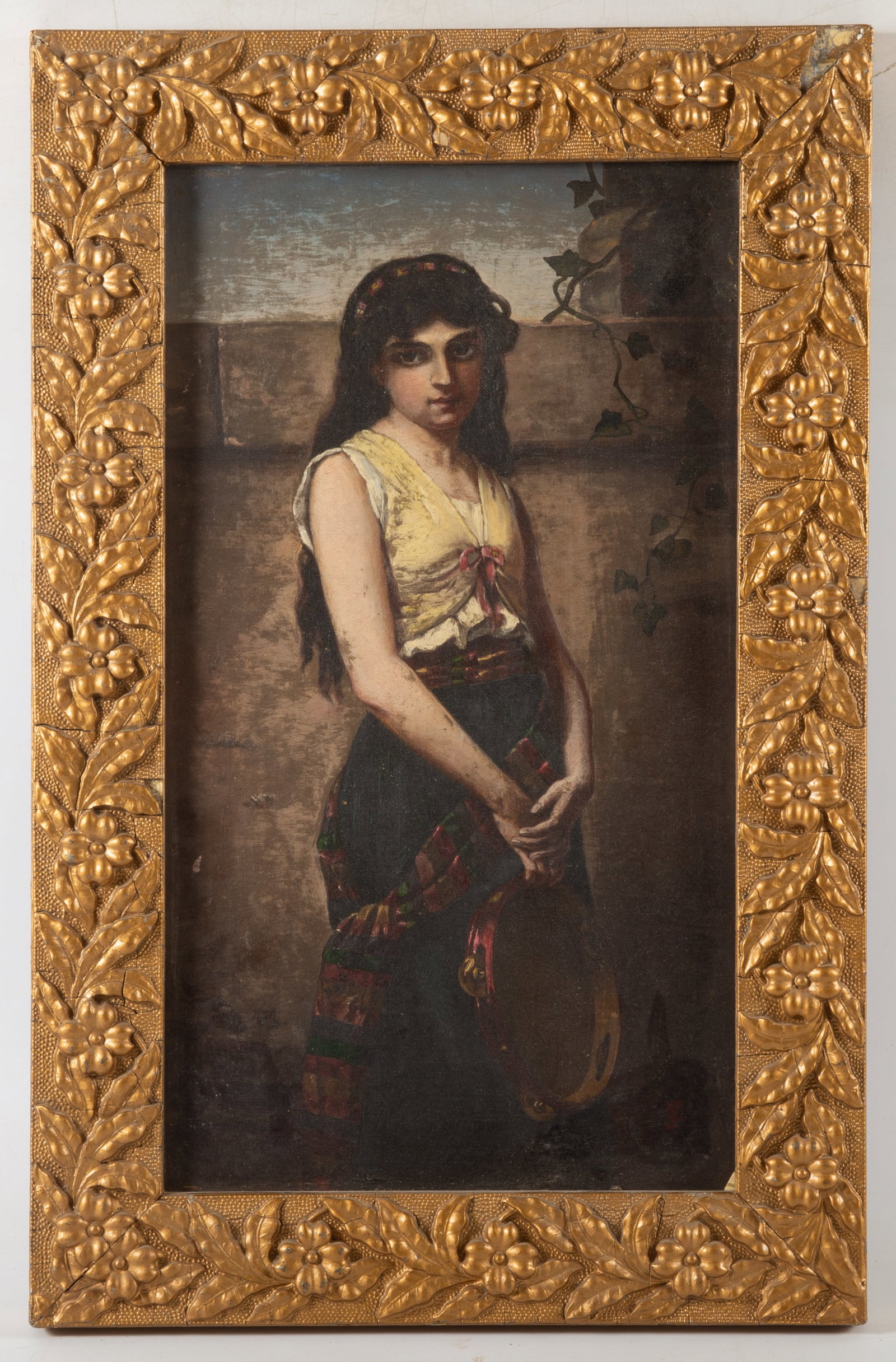 PAINTING OF YOUNG LADY: Oil on canvas; signed with initials lower right; gilt frame - gesso over wood; image 15.75" x 8.75" - frame 19.75" x 12.75"; painting needs cleaning - minor losses overall - very minor crazing, G-VG