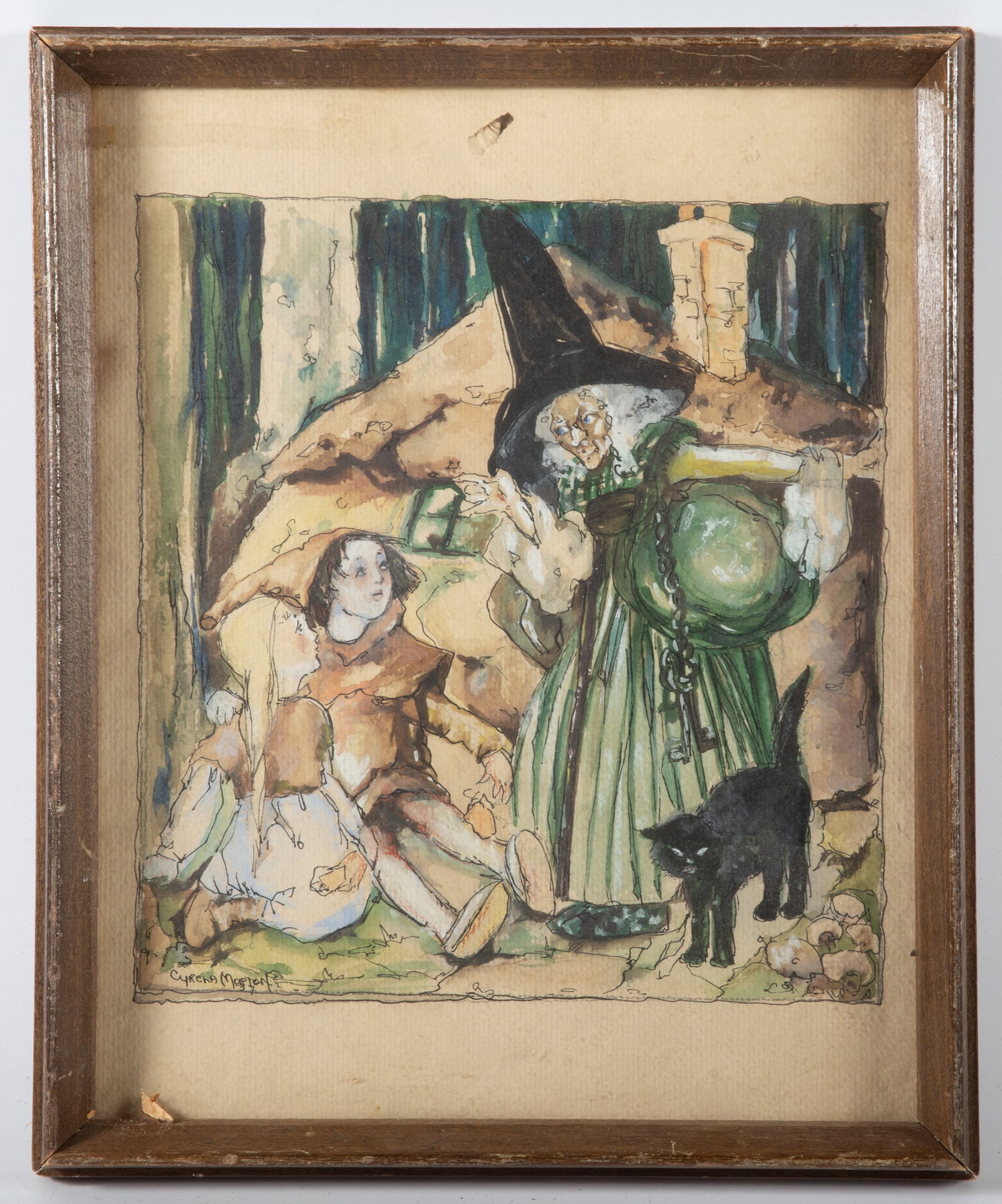 1937 HANSEL AND GRETEL ILLUSTRATION: Watercolor copy of Anne Anderson illustration; image 7.5" x 7" - frame 10.5" x 8.5"; normal wear, VG-EX