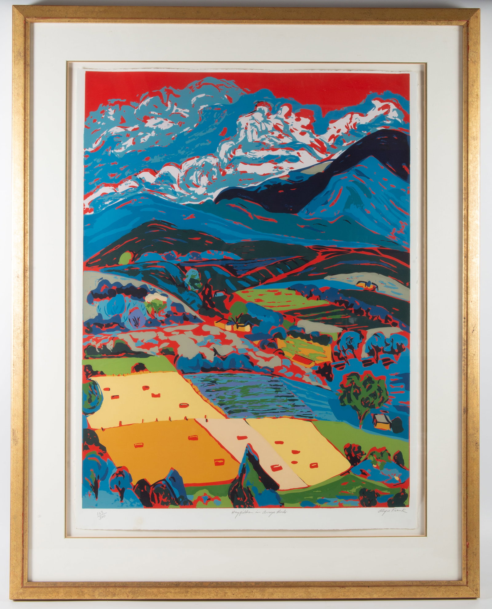 ALYCE FRANK COLORED LITHOGRAPH: Hayfields in Arroyo Hondo; framed 38.5" x 30.5", VG-EX