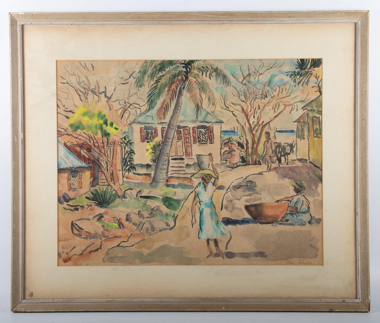ALICE ACHESON WATERCOLOR PAINTING: Tropical village scene; image 18" x 23" - frame 25.5" x 31"