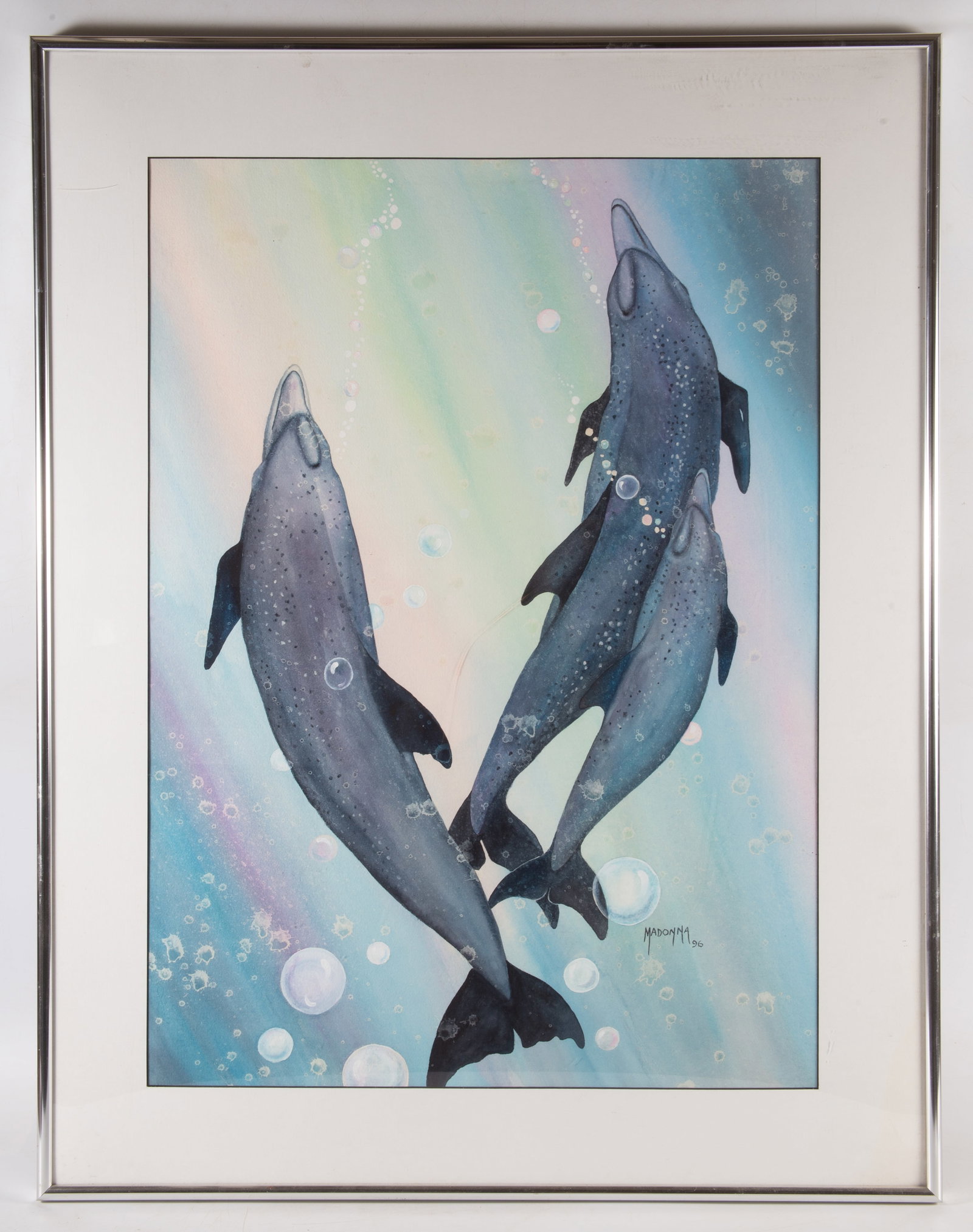 MADONNA DOLPHIN WATERCOLOR: Signed lower right "Madonna 96"; image 29"x 20.5" - frame 36"x 28"; normal wear, VG-EX
