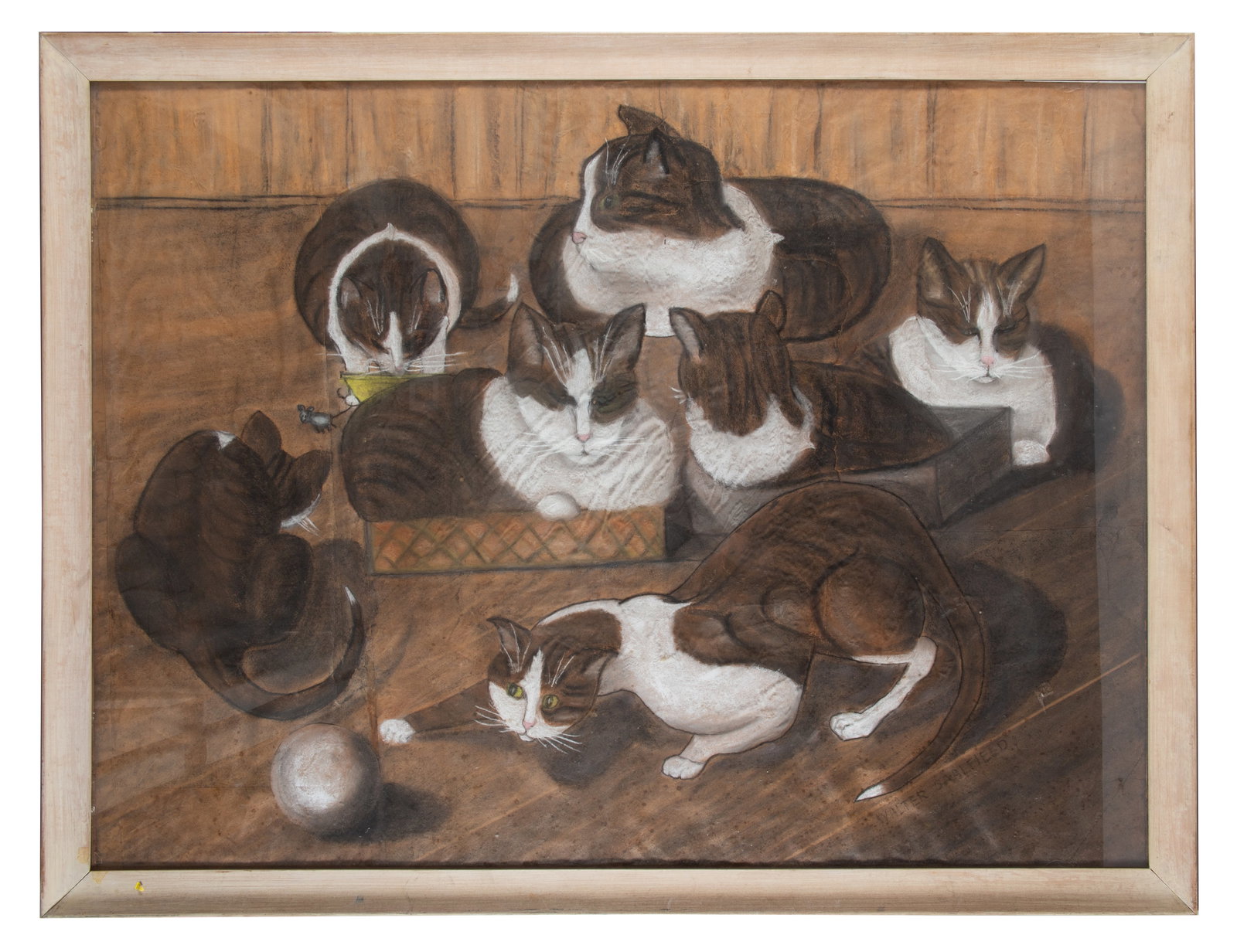 WALTER SAALFIELD PAINTING: Cats on brown paper tempera, pencil; image 35"x 47.5" - frame 39"x 51.5"; pieced some paint adhered to glass, G