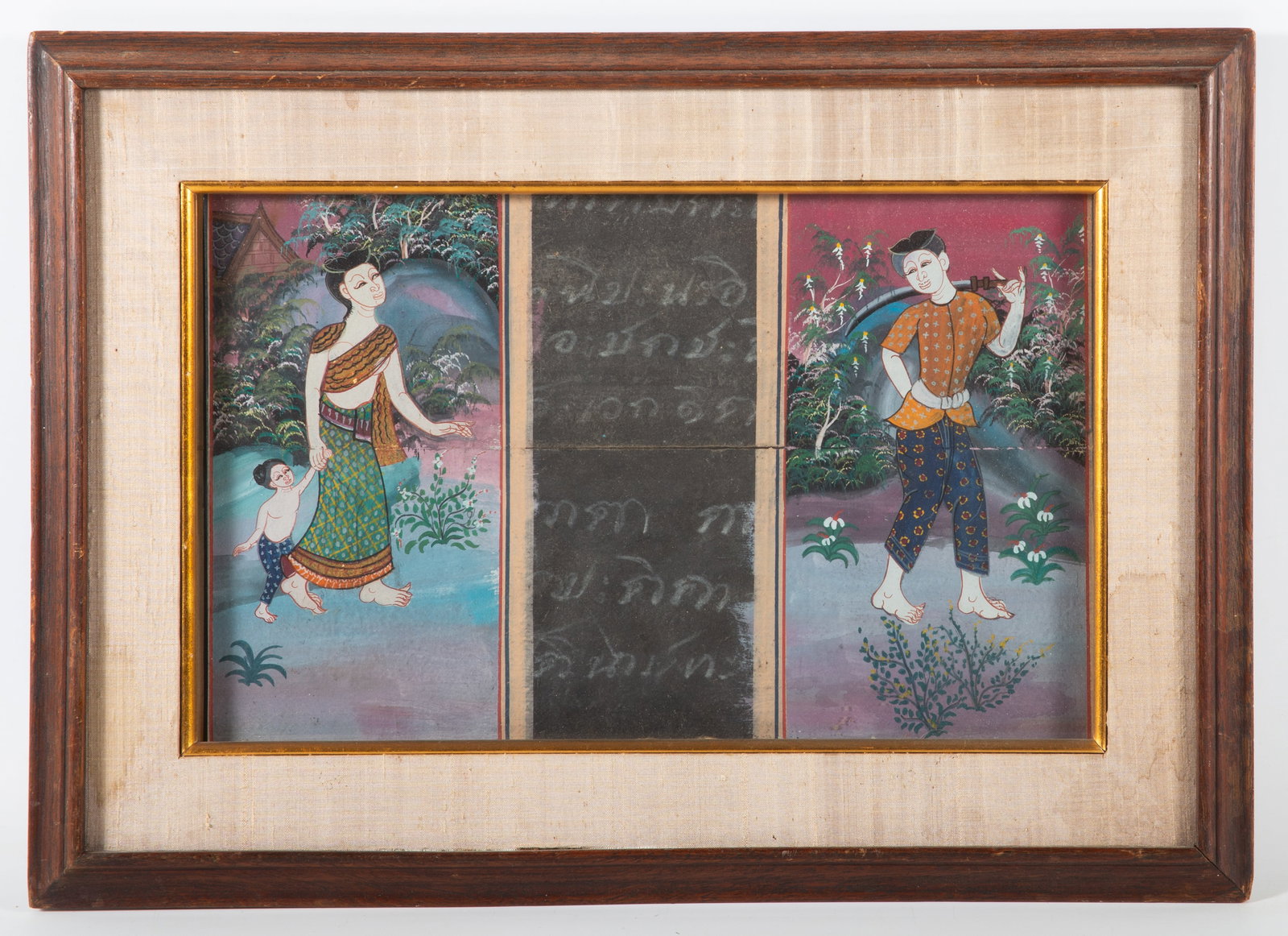 THONKA TRIPTYCH: Gouache with gilt highlights; image 8" x 13" - frame 12" x 18"; frame has light stains, VG-EX