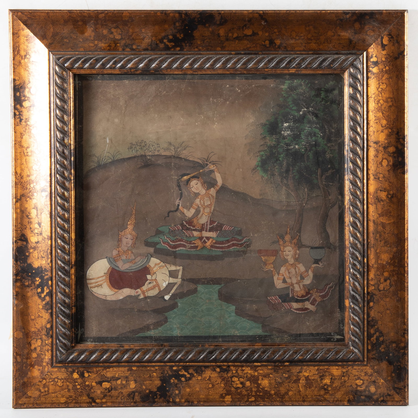 EARLY THAI PAINTING: Stylized painting on canvas; image 15.5" x 15.5" - frame 23" x 23"; miscellaneous paint loss and folds, F-G