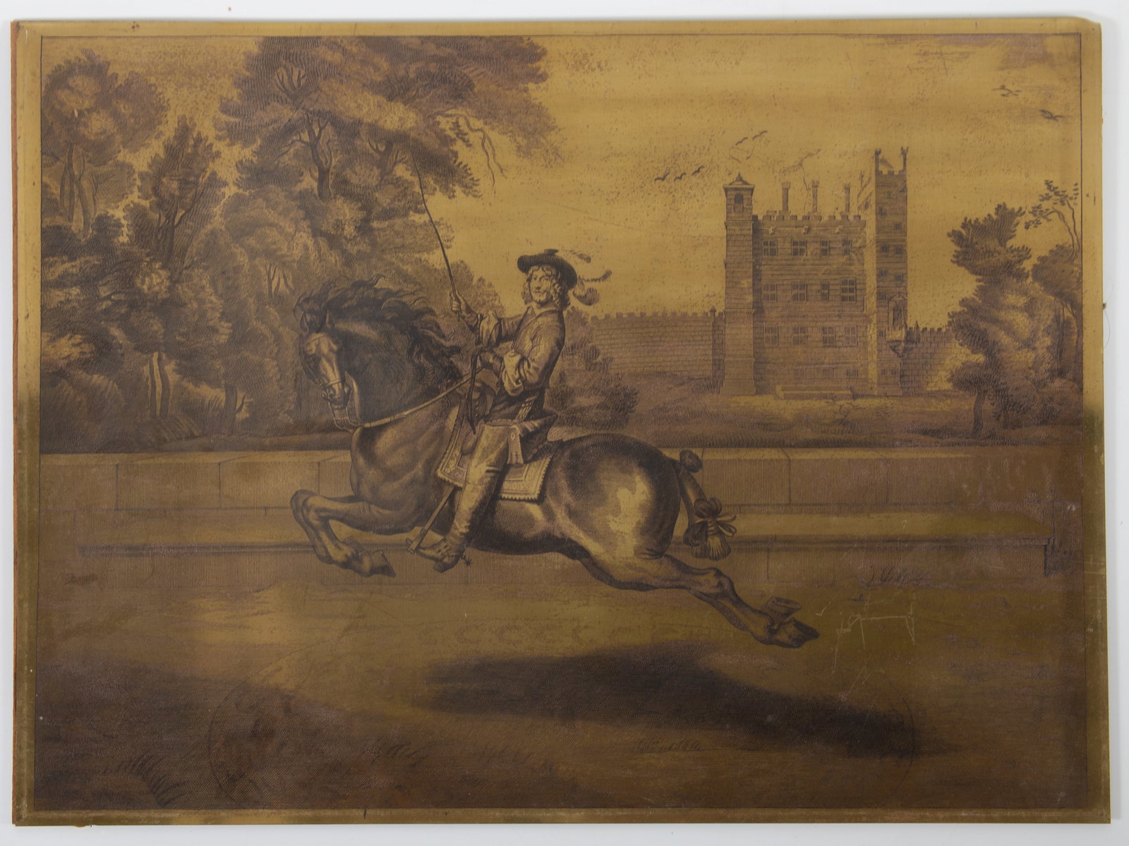 LARGE ENGRAVING PLATE: Steed at castle; fine 19th century engraving plate on brass; minor surface issues; 20" x 26", vg-ex