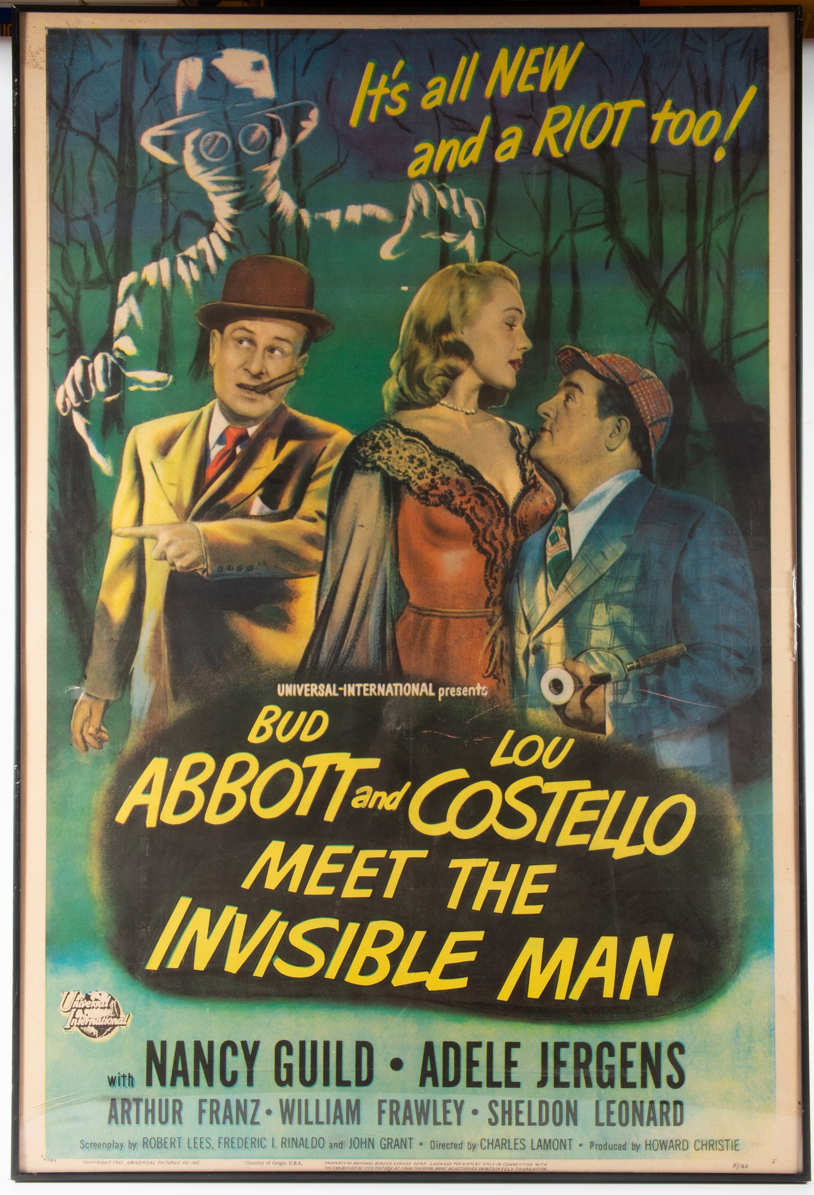 1951 ABBOTT & COSTELLO MEET THE INVISIBLE MAN POSTER: Minor scratches to acrylic; image: 38" x 24"; frame: 40 1/2" x 27", VG-EX