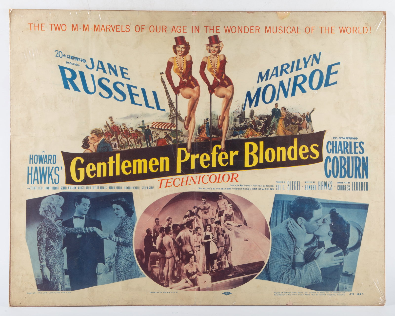 GENTLEMEN PREFER BLONDES MARILYN MONROE MOVIE POSTER: Marilyn Monroe and Jane Russel; laid on masonite; wrinkles, stains and folds; 22" x 28", F-G
