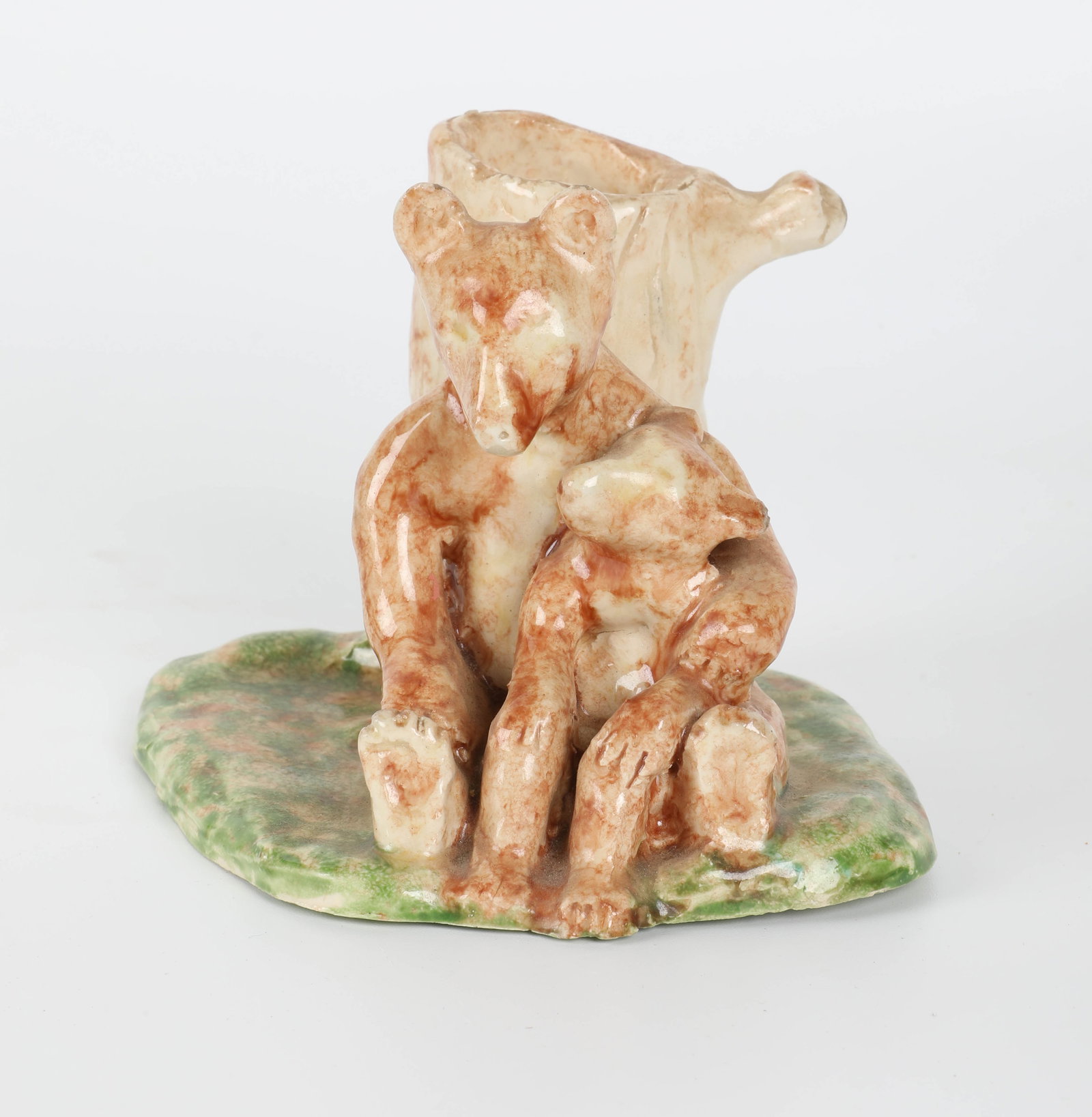 ART POTTERY HUGGING BEARS: signed ACK ?; one flake on base; 4 1/2" x 4" x 3 1/2" tall, F-G