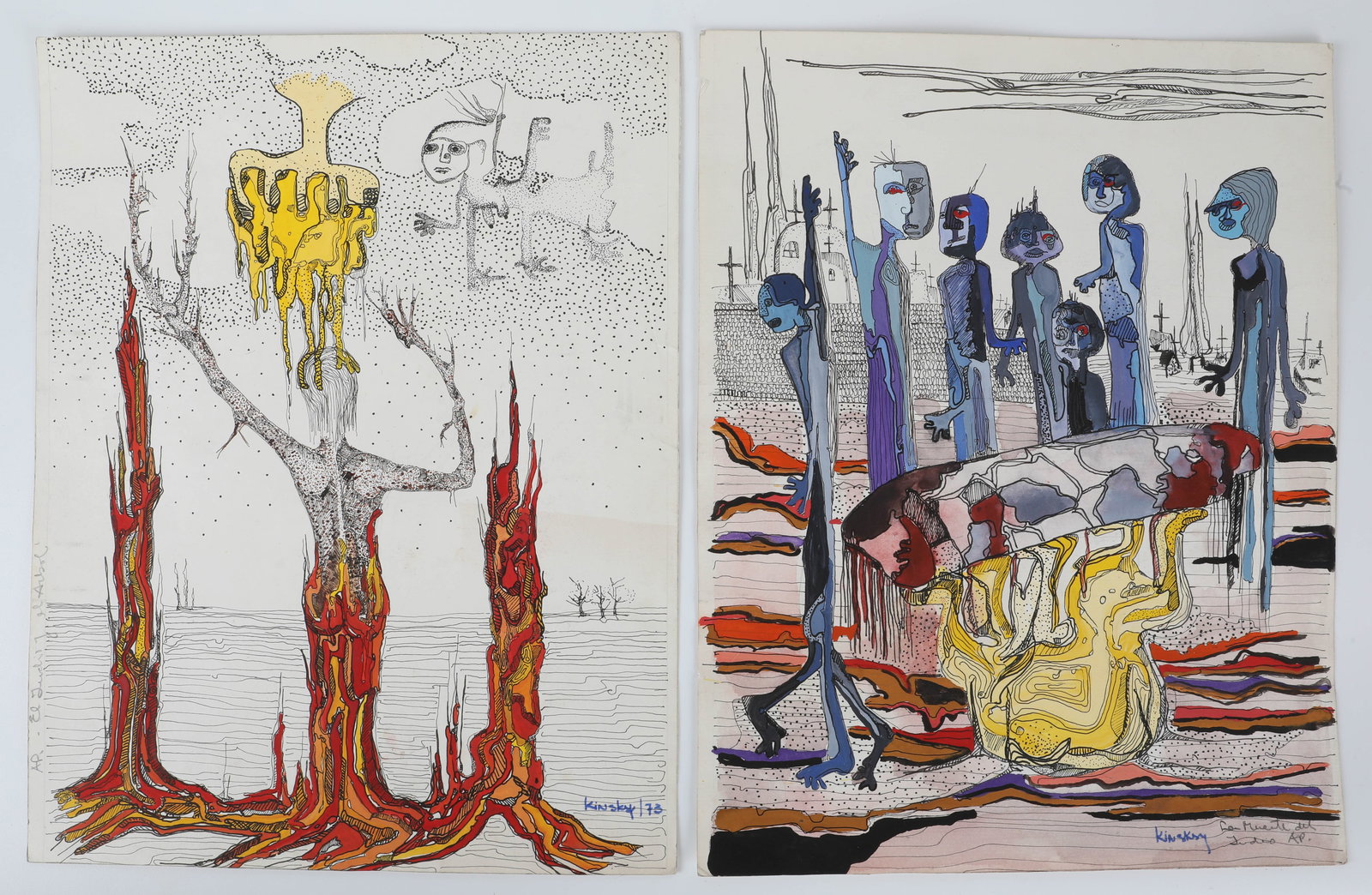 (2) SURREALISTIC PAINTINGS BY KINSKY, 1973: 12" x 10", EX