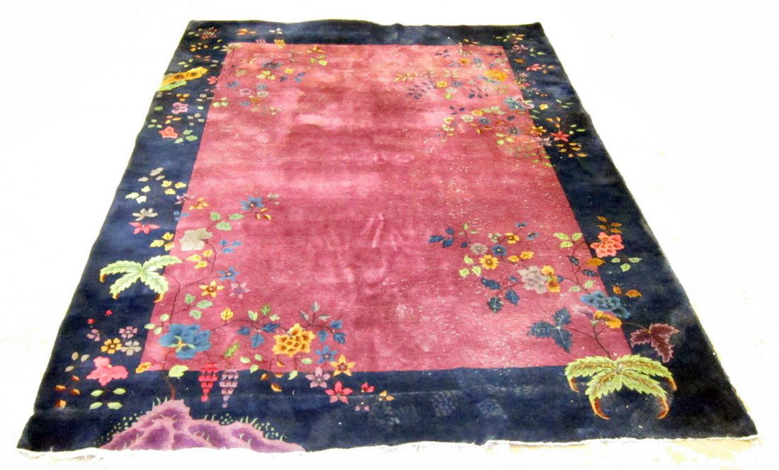CHINESE RUG: White specks all over; low areas; minor soiling; edge and overall wear; 142" x 106", F-G