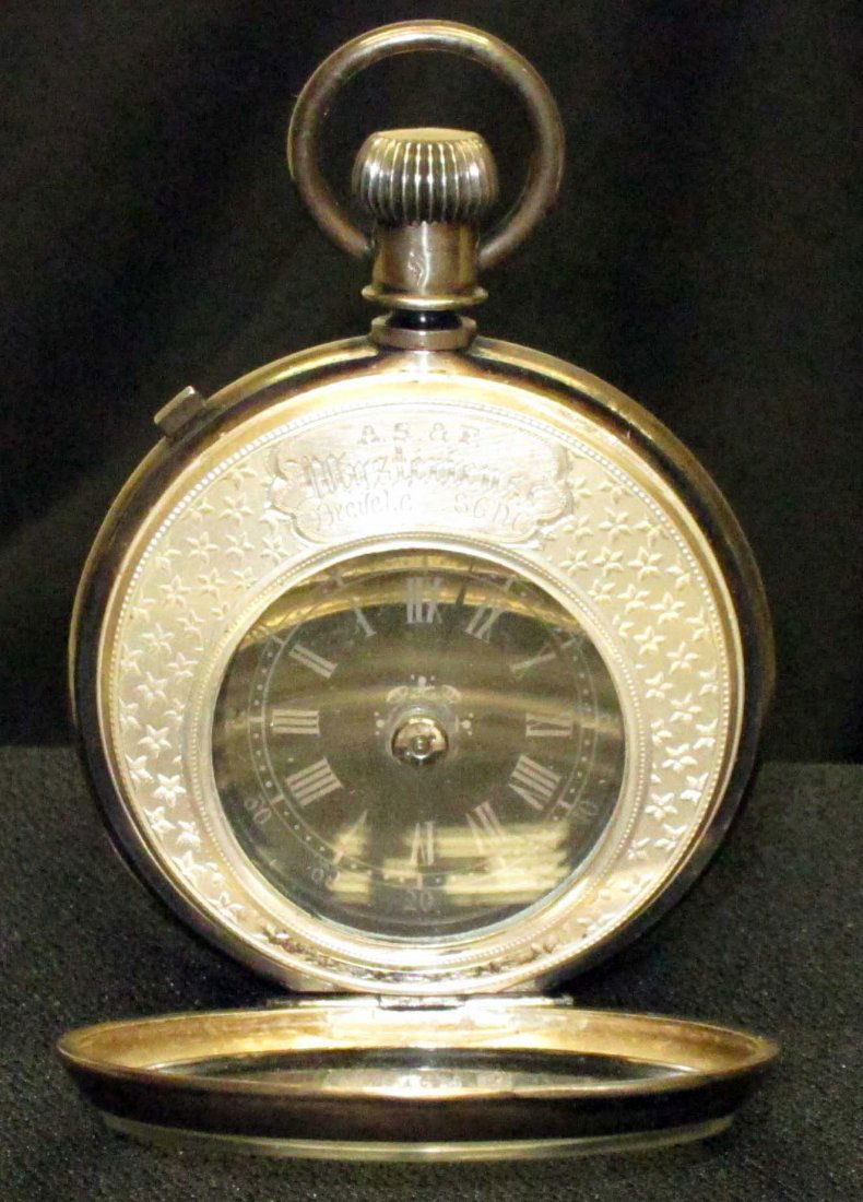 MYSTERIEUSE POCKET WATCH: A.S. & F. Brevete S.G.D.G.; runs; silver case; H-3", VG-EX