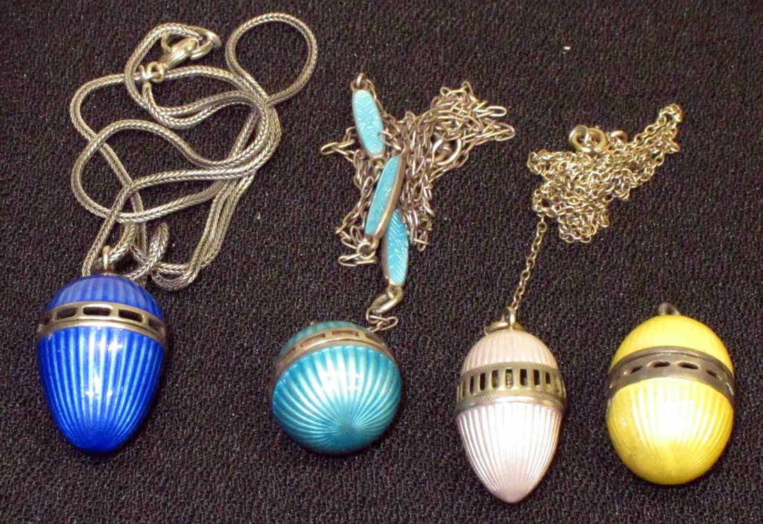 VINAIGRETTES (4): Enameled egg and ball forms, (3) have chains, L-3/4", VG-EX