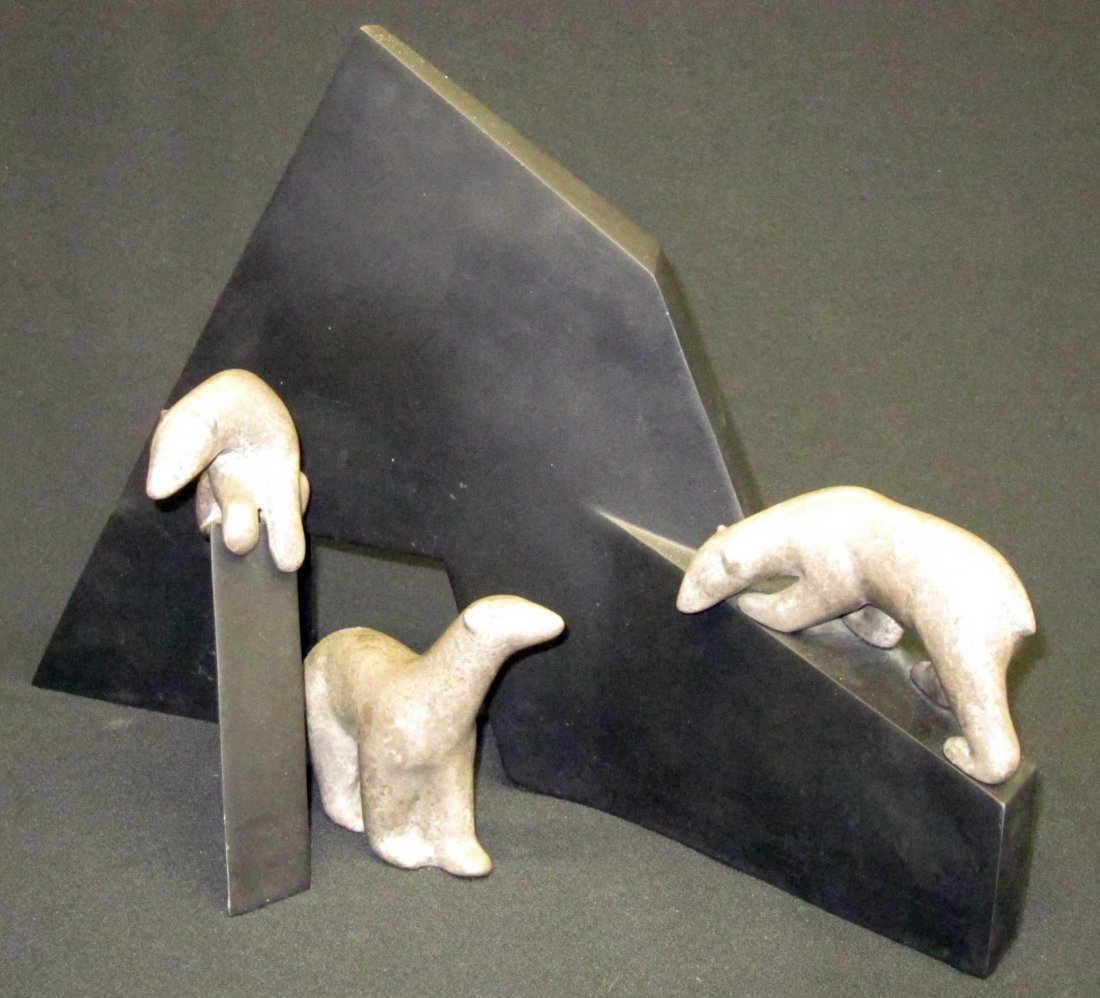 POLAR BEARS (3) ON STYLIZED ICEBERG BRONZE: Loet, 7/750; H-11 1/2", L-17", VG-EX