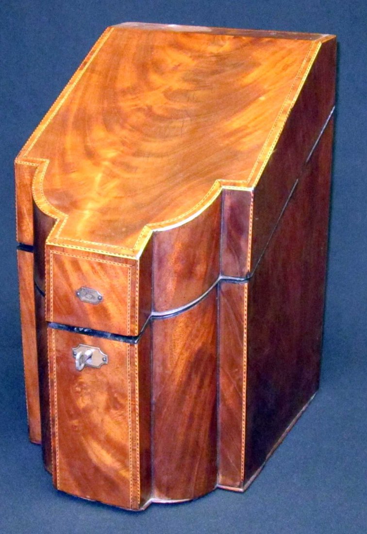 HEPPLEWHITE KNIFE BOX: Mahogany with line inlay; insert repaired or replaced; missing some molding; H-15", G