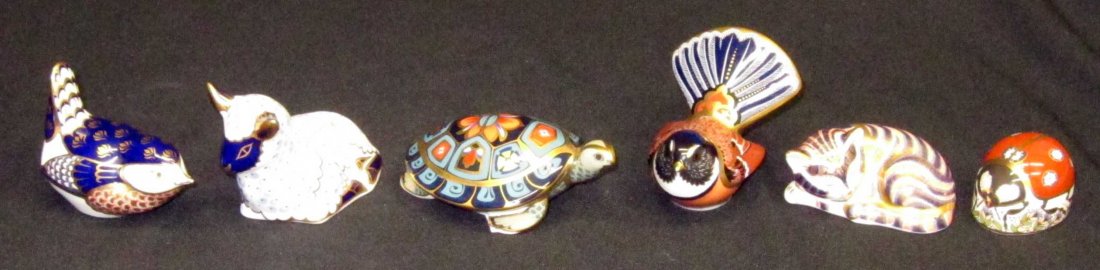 ROYAL CROWN DERBY ANIMALS (6): Turtle, sheep, cat, lady bug, birds; L-2"-4 1/4", VG-EX