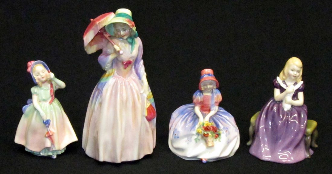 ROYAL DOULTON FIGURINES (4): Miss Demure, Affection, Babie, Monica (cracked); H-4"-7", P-EX