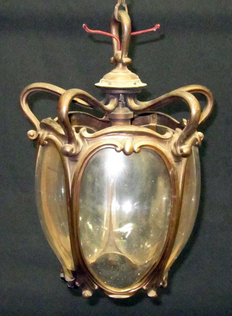 HALL LIGHT FIXTURE: Bronze with convex oval glass panels, missing outlet for bulb; H-13", G-VG