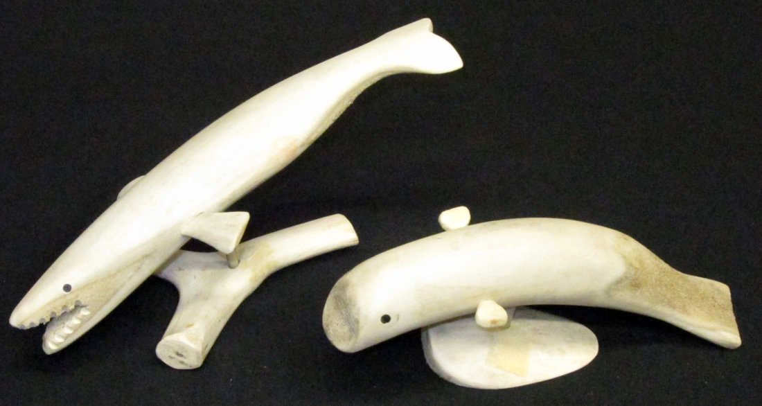 ESKIMO WHALE BONE WHALES (2): Mid-to late-20th century; on stands. L-8"-10", G-VG
