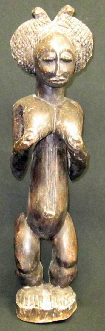 AFRICAN TRIBAL SCULPTURES (3): (1) Carved wood figure: H-27"; (1) carved wood female figure: some checking, H-26 1/2"; (1) Bambara (Mali) figure: carved wood, H-29 1/2"